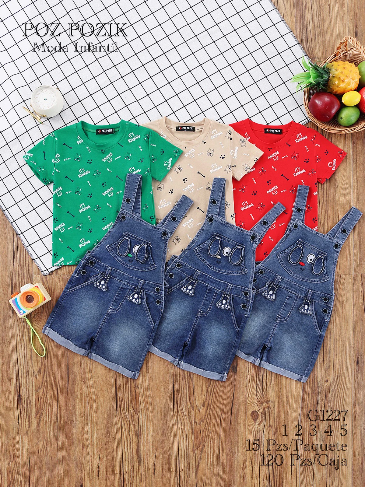 Conjunto de Overol de Mezclilla y Camiseta con Estampado de Perro-G1227