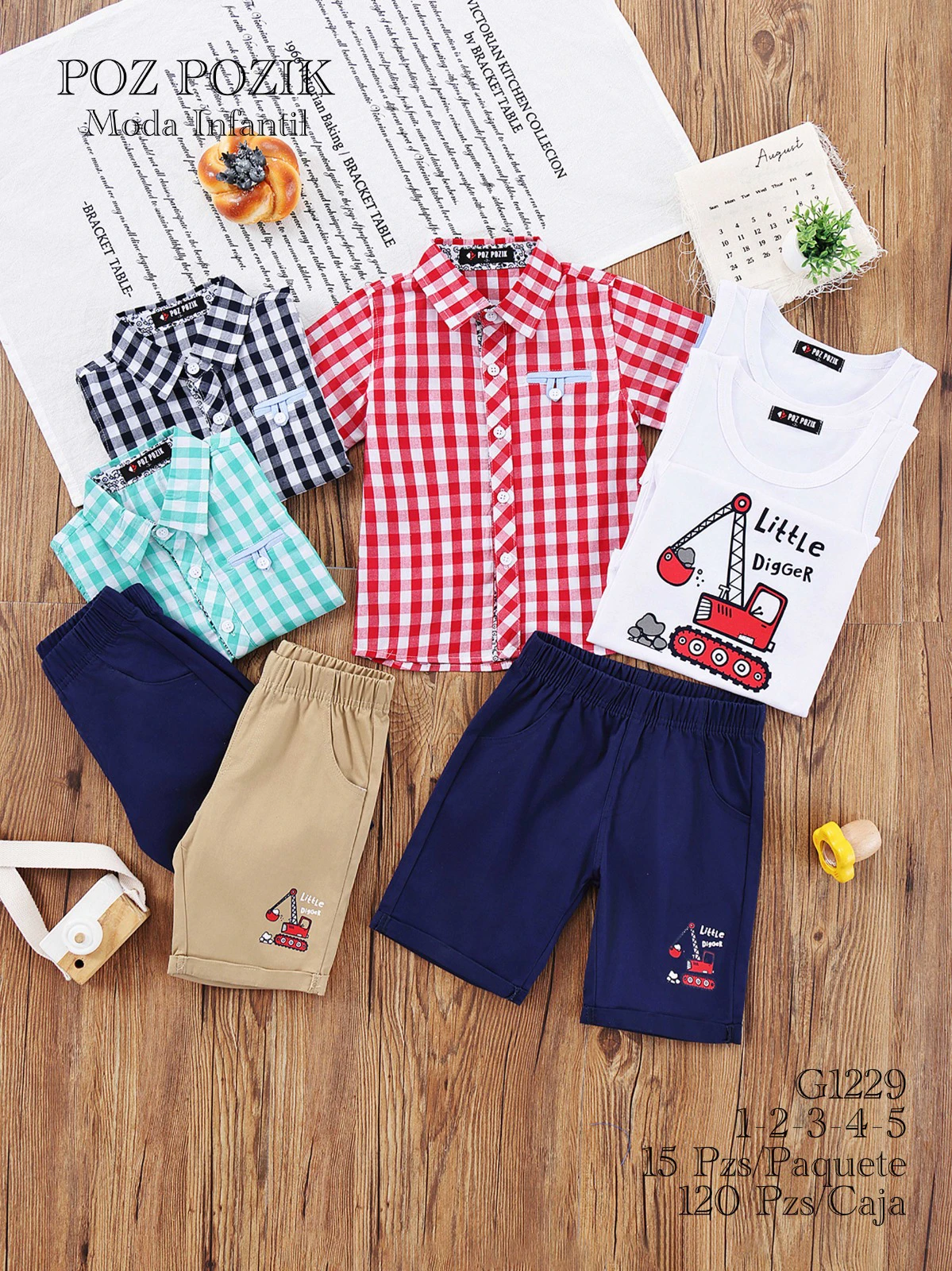 Conjunto de camisas, playera y shorts estampados para niños-G1229