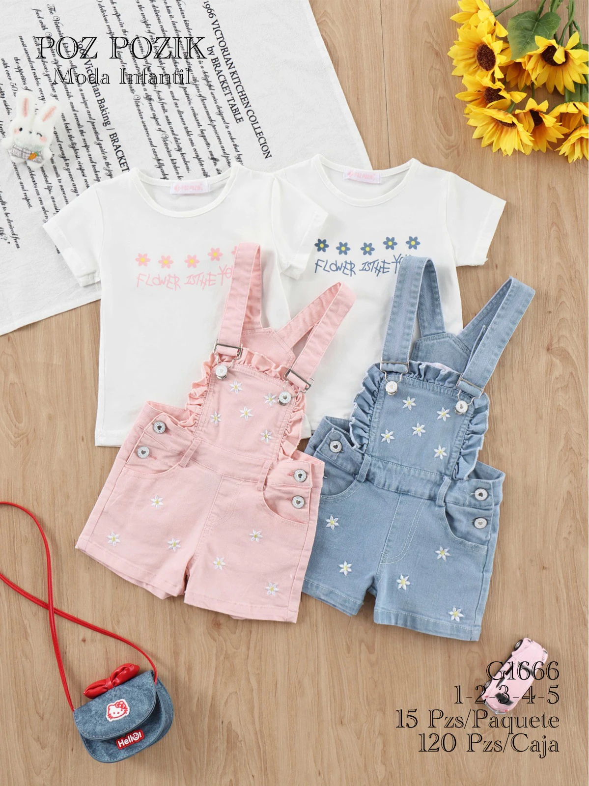 Conjunto de camiseta y overol con diseño de flores para niña-G1666