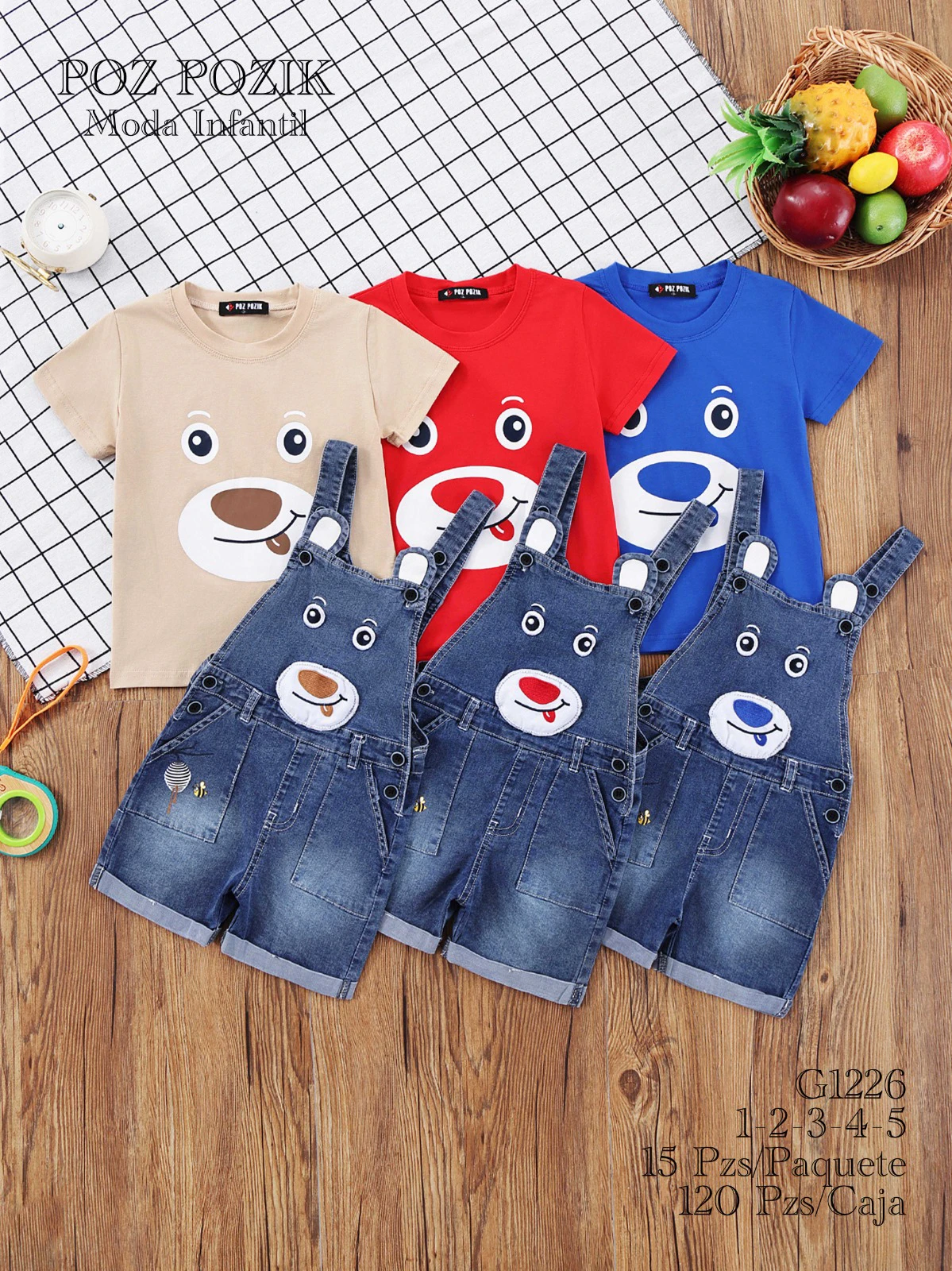 Conjunto de camiseta y overol de oso para niños-G1226