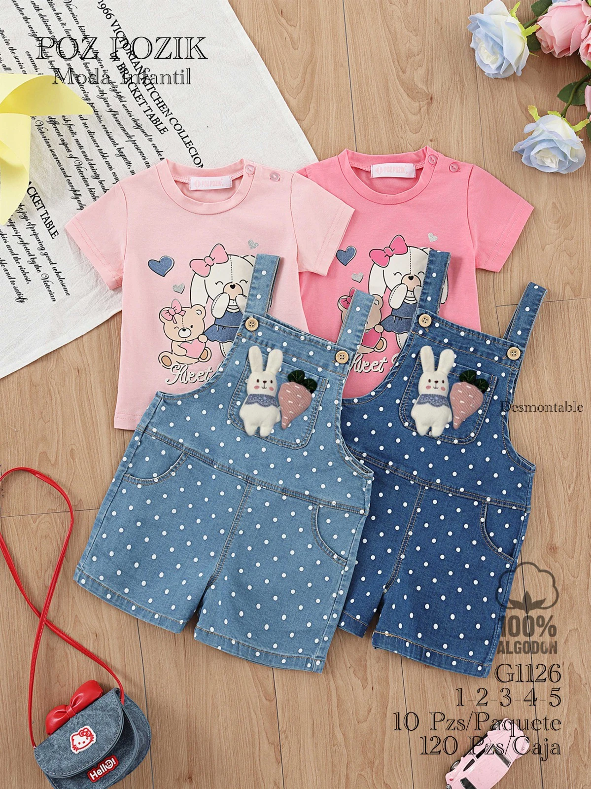 Conjunto de Playera y Overol Corto de Mezclilla con Estampado de Conejo-G1126