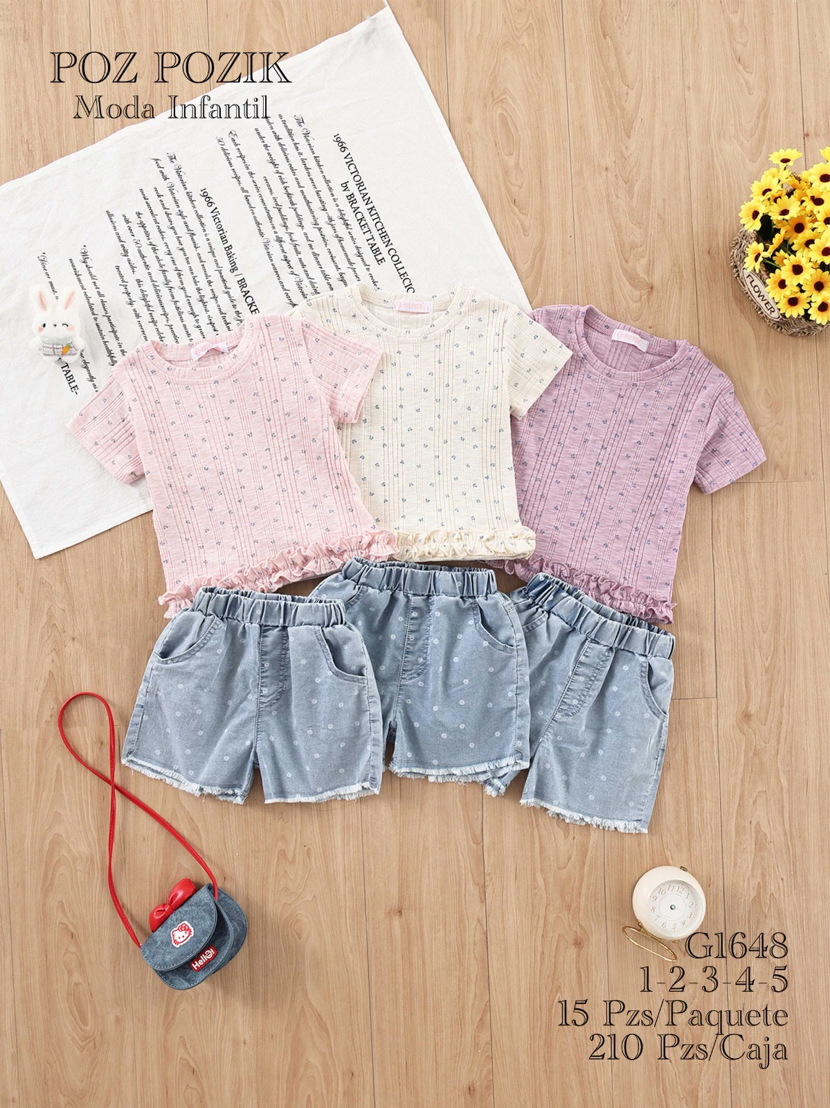 Conjunto de camiseta con olanes y shorts-G1648