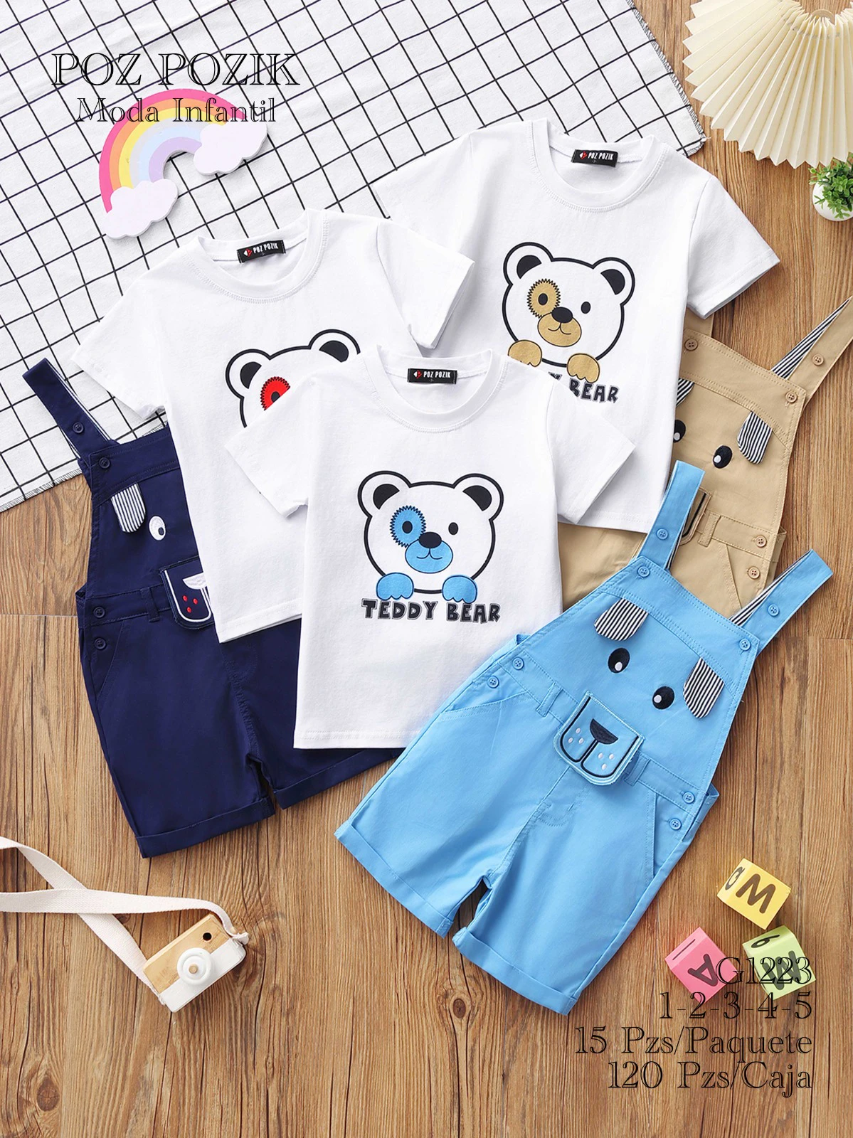 Conjunto de playera y overol con diseño de oso-G1223