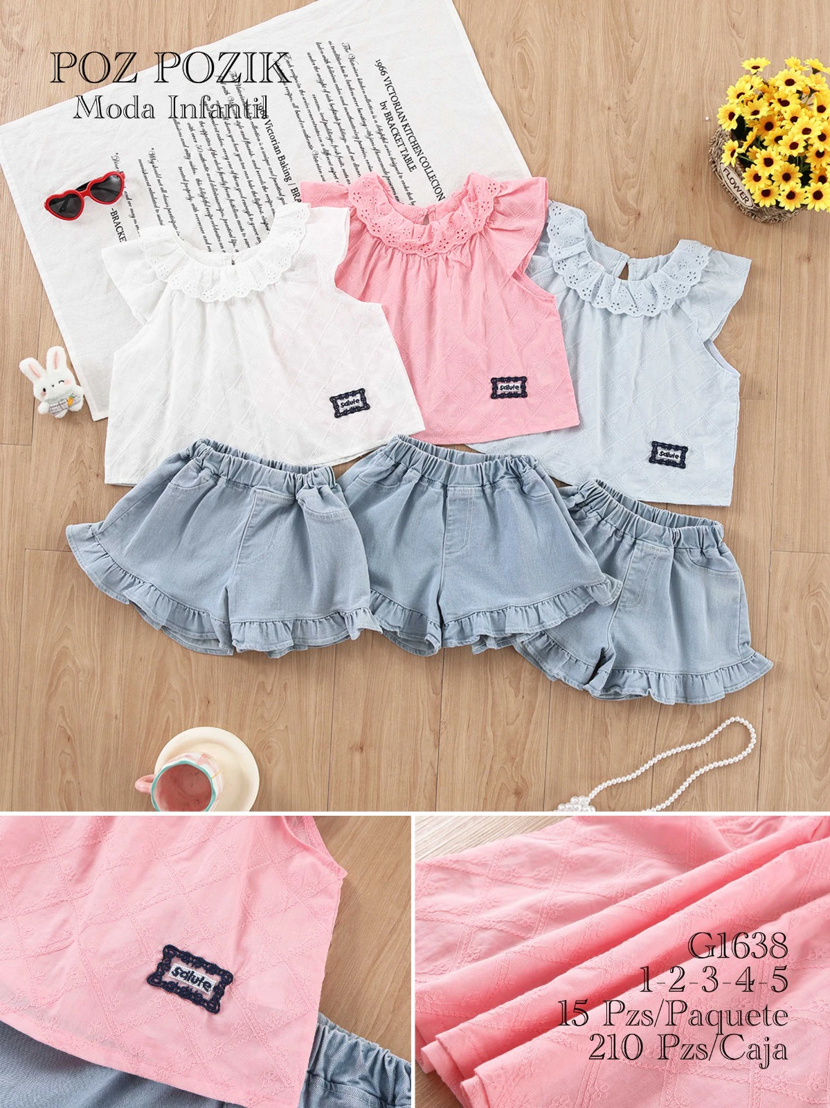 Conjunto de Top Sin Mangas con Volantes y Shorts de Mezclilla para Niña-G1638