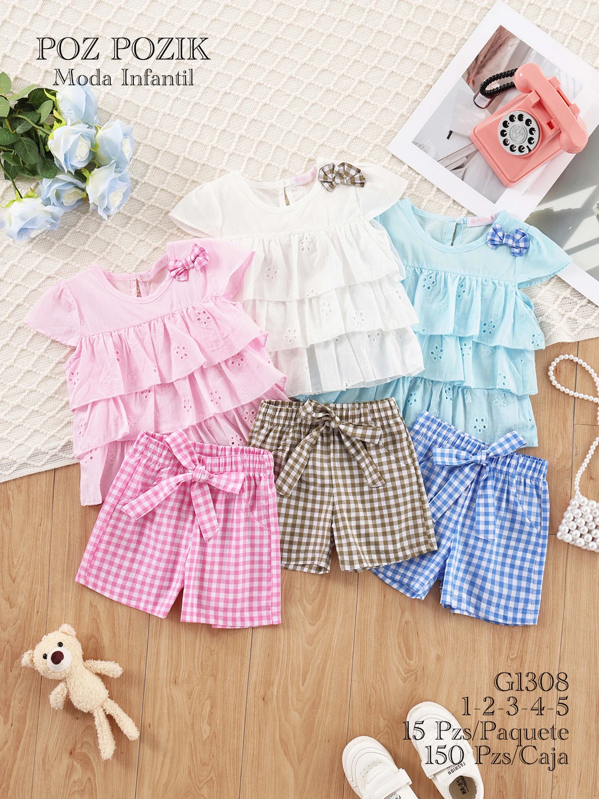 Conjunto de Blusa con Volantes y Shorts de Cuadros para Niña-G1308