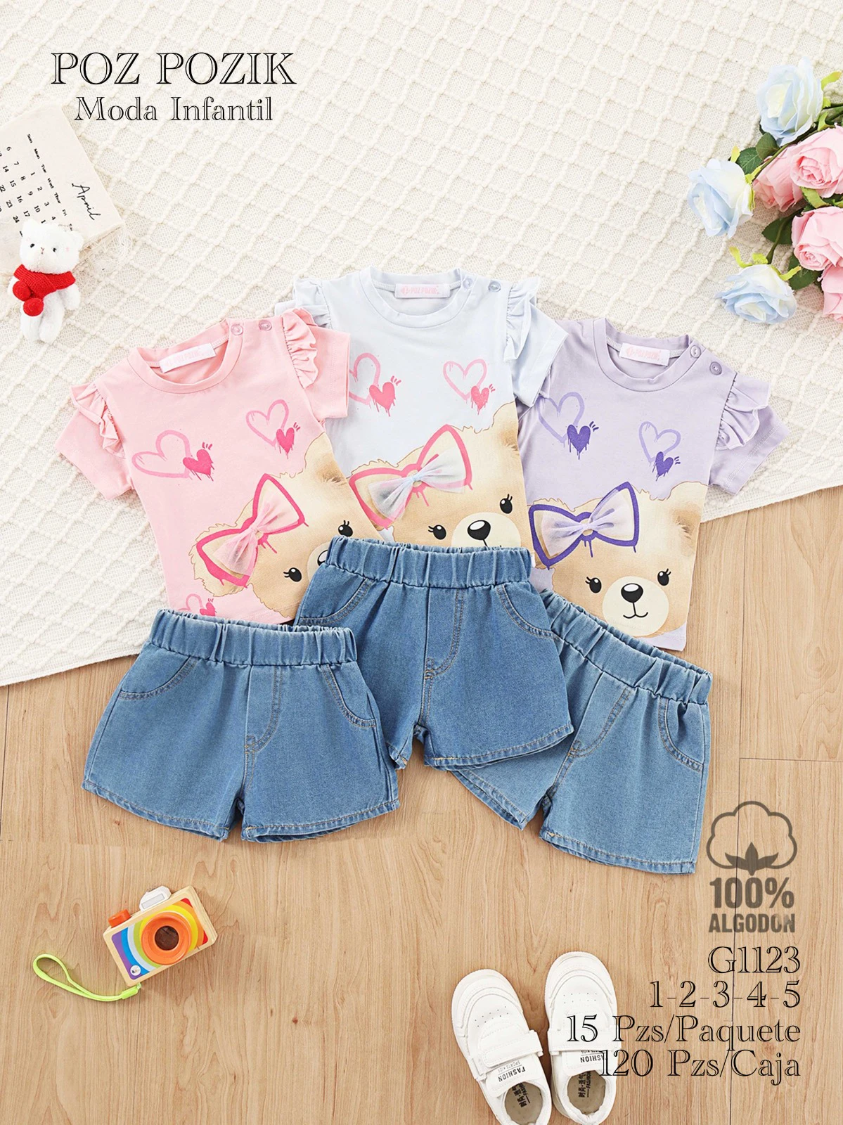 Conjunto de camiseta con oso y shorts de mezclilla-G1123