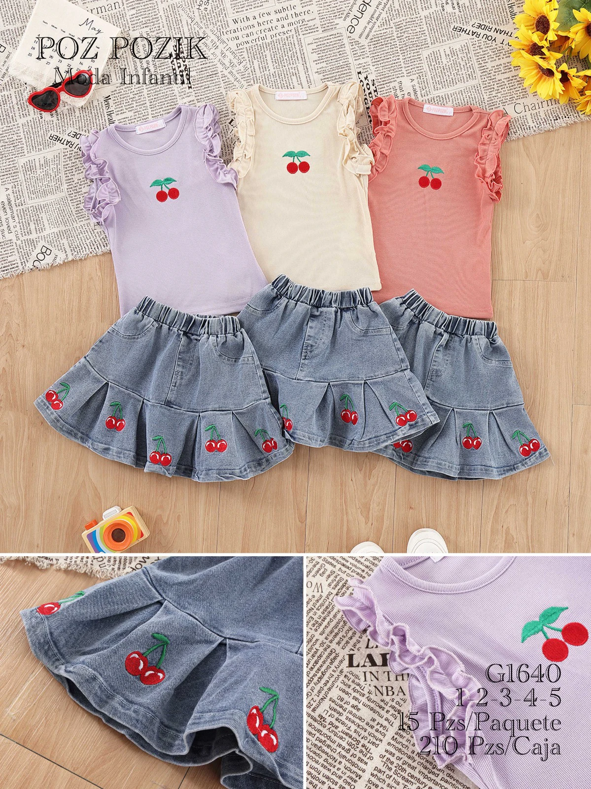 Conjunto de camiseta sin mangas y falda de mezclilla para niña-G1640