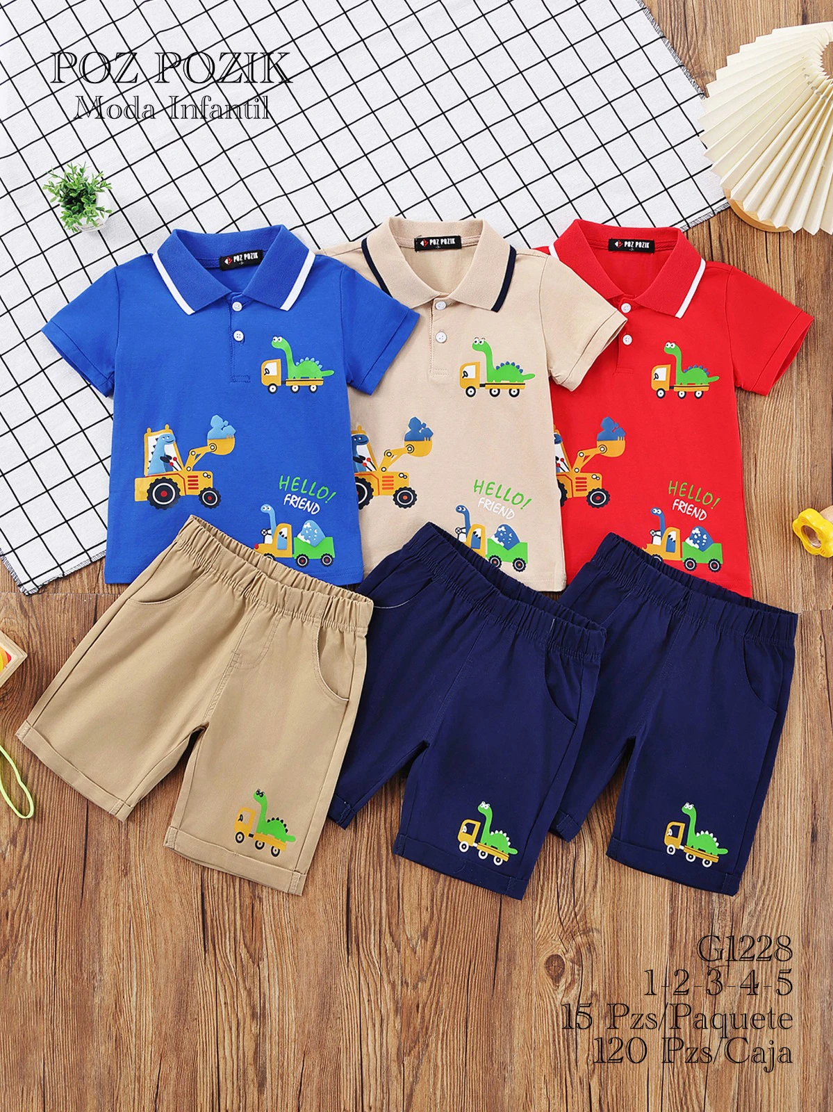 Conjunto de polo y shorts para niño con estampado de dinosaurio y camión-G1228