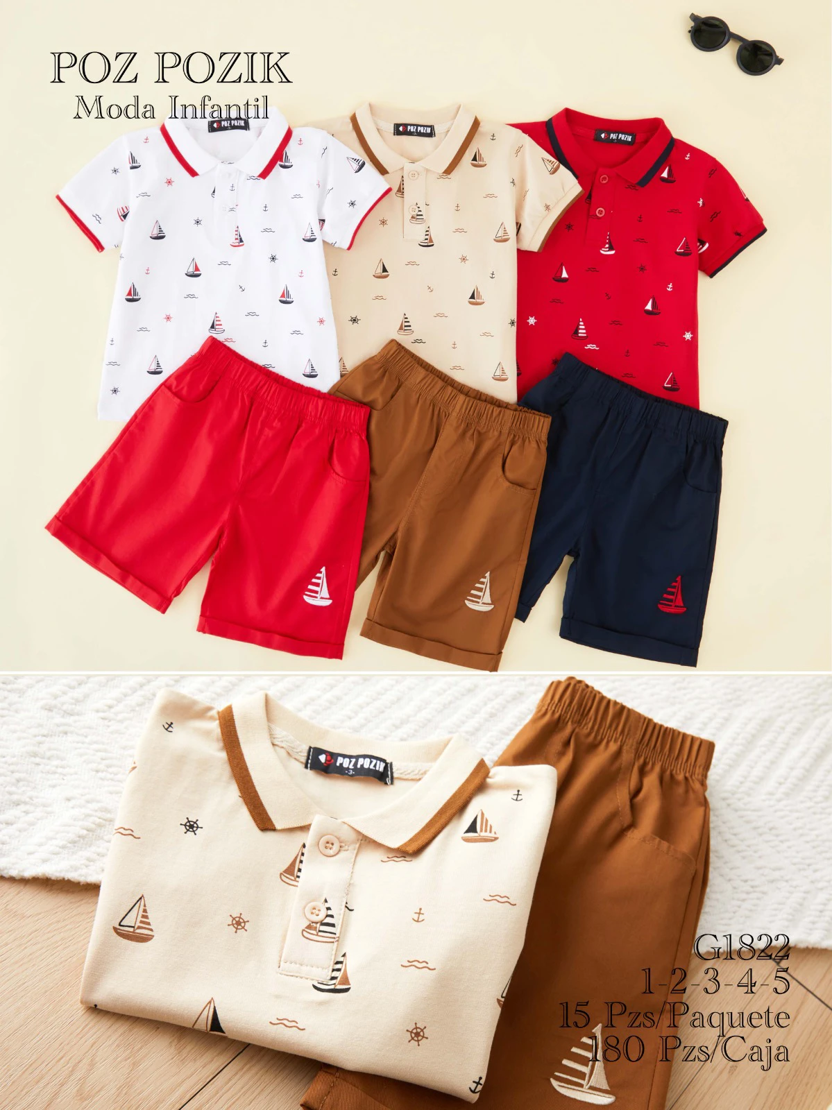 Conjunto infantil de polo y shorts con estampado de veleros-G1822