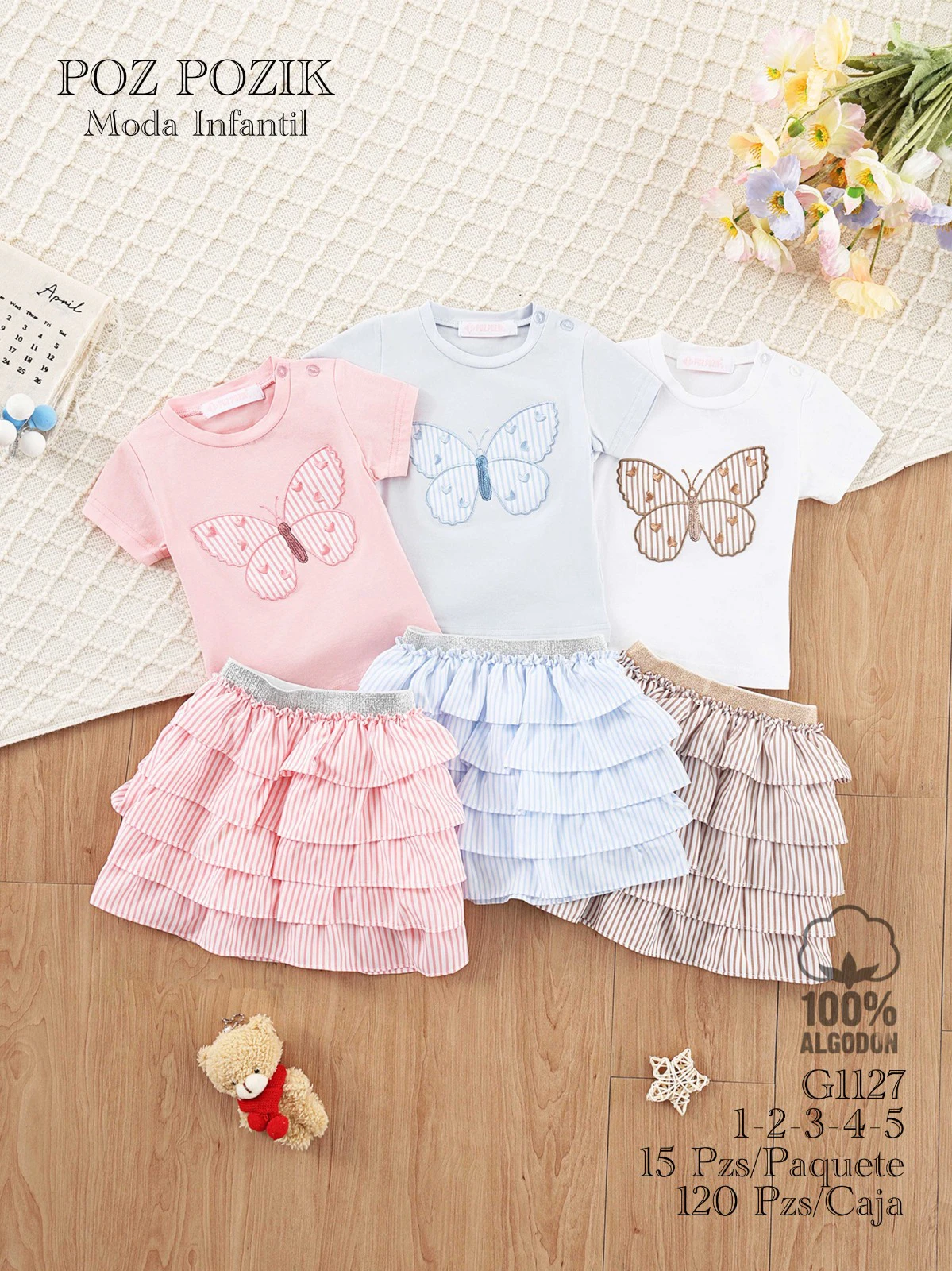 Conjunto de camiseta con estampado de mariposa y falda de volantes-G1127