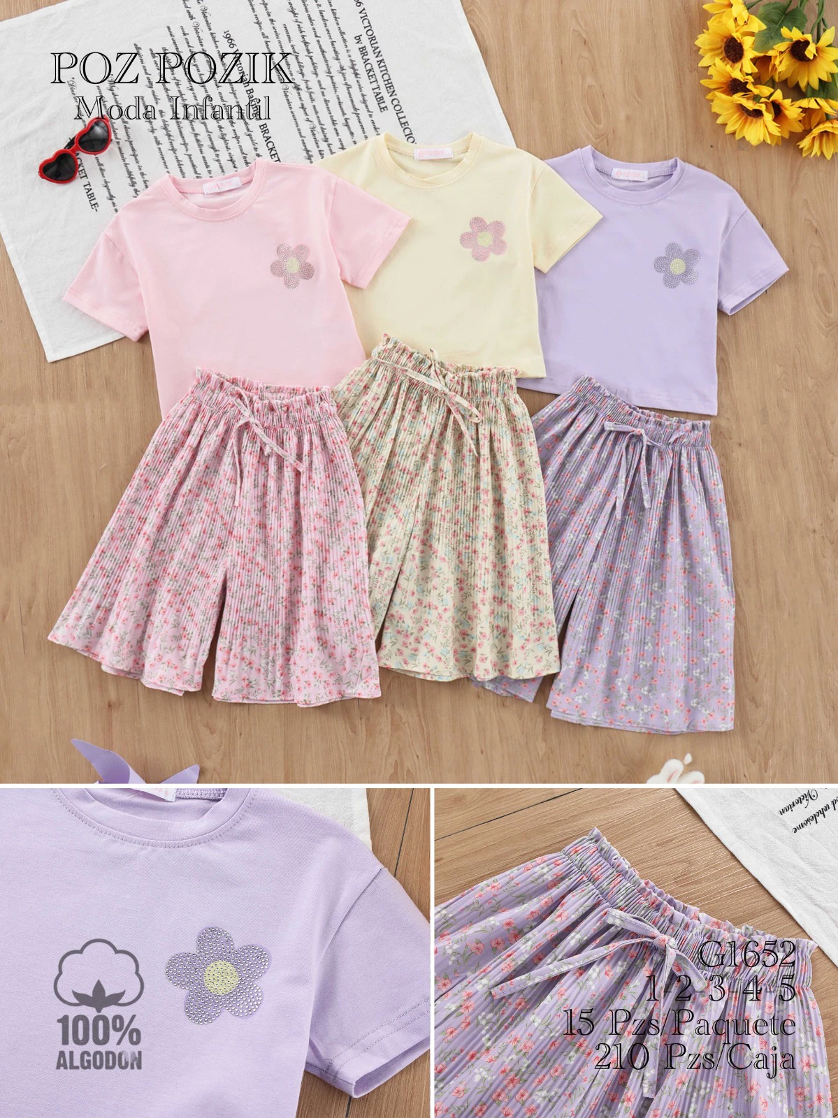 Conjunto de camiseta y falda plisada con estampado floral-G1652