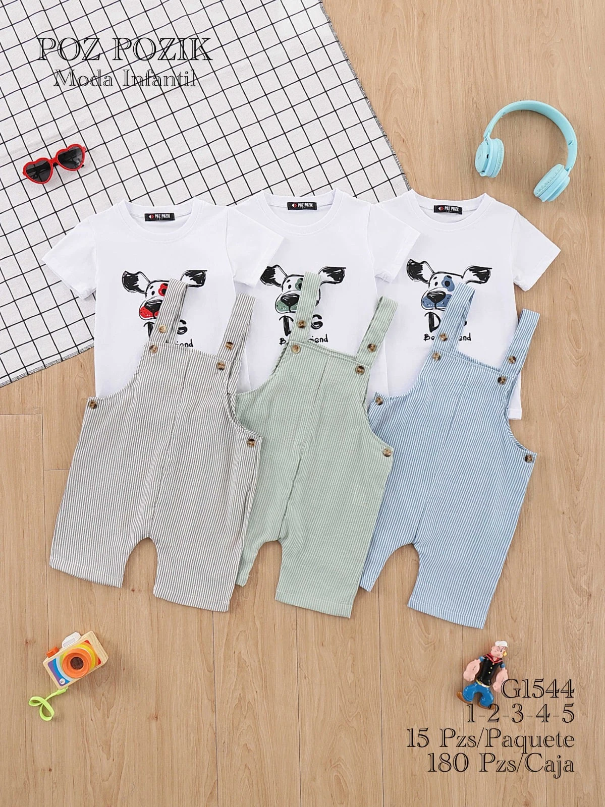 Conjunto de Playera con Estampado de Perro y Overol de Rayas-G1544