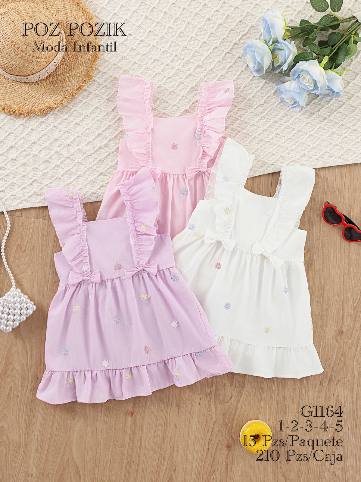 Vestidos infantiles con volantes y bordado de flores-G1164