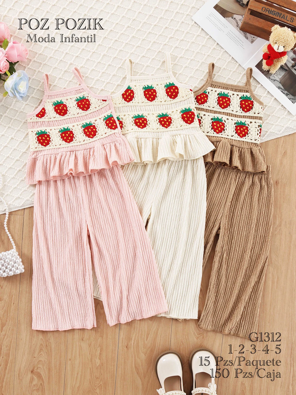 Conjunto de top sin mangas con diseño de fresas y pantalón-G1312