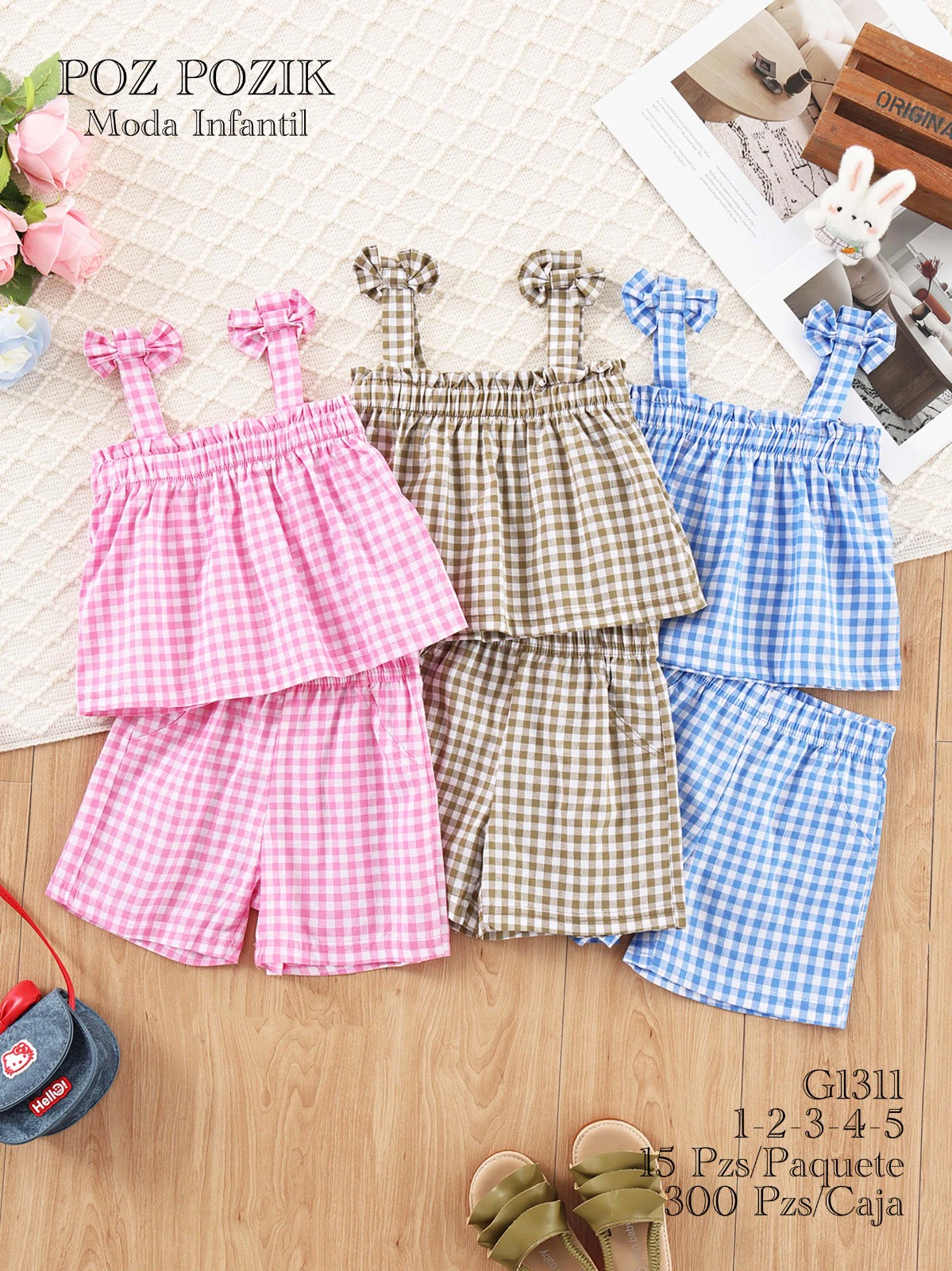 Conjunto de Blusa de Sisas y Shorts a Cuadros para Niña-G1311