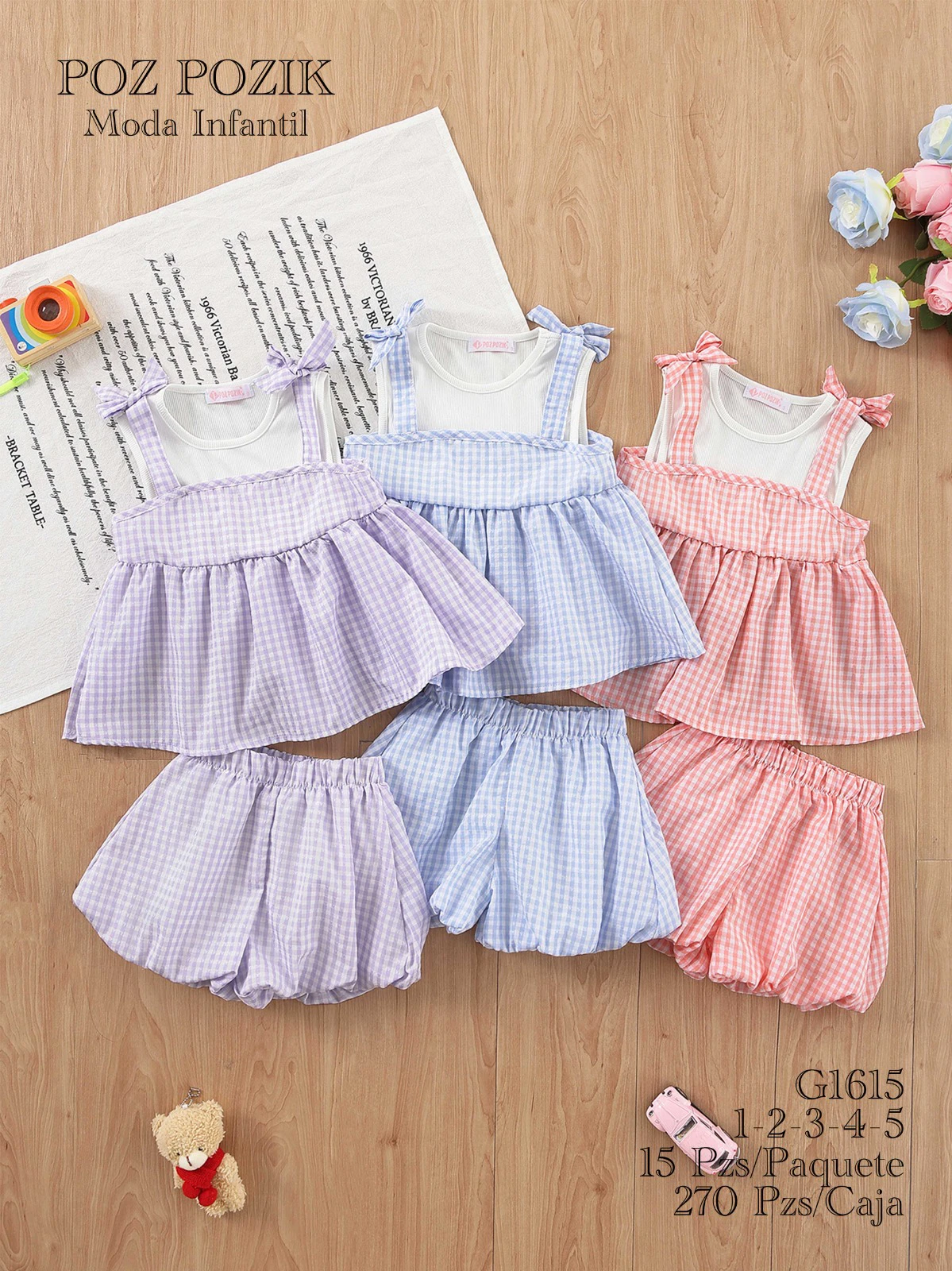 Conjunto de blusa y shorts de cuadros infantil-G1615