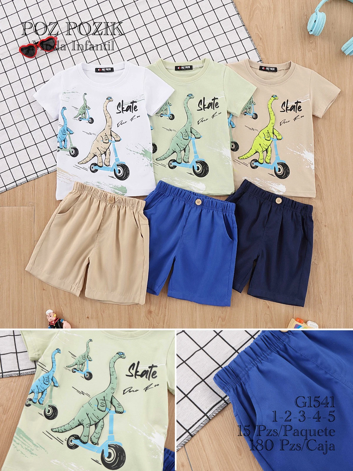 Conjunto de camiseta de dinosaurio y shorts para niños-G1541