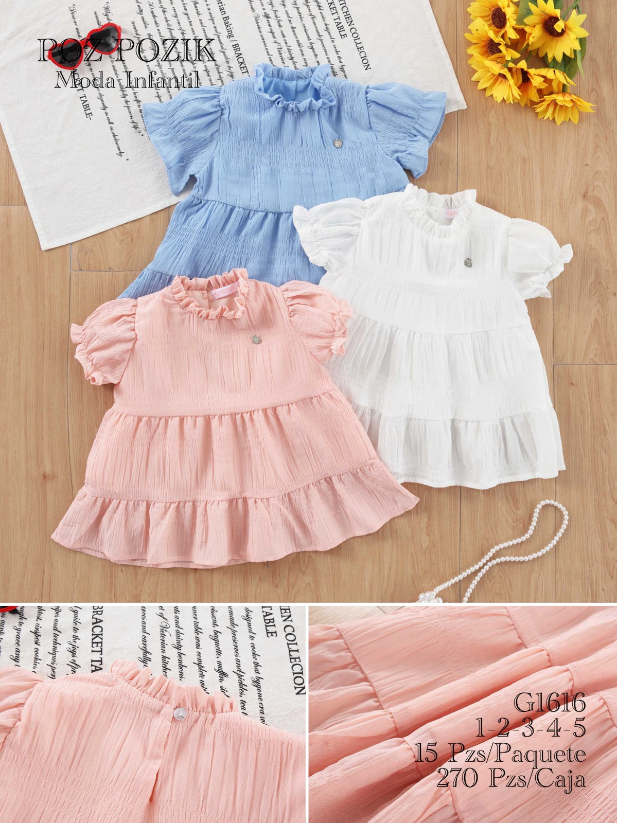 Vestido con volantes y cuello redondo para niña-G1616