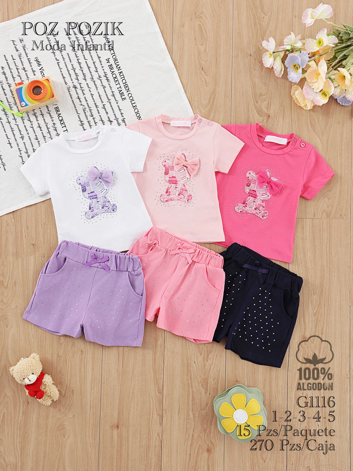 Conjunto de camiseta y shorts con diseño de oso y moño-G1116