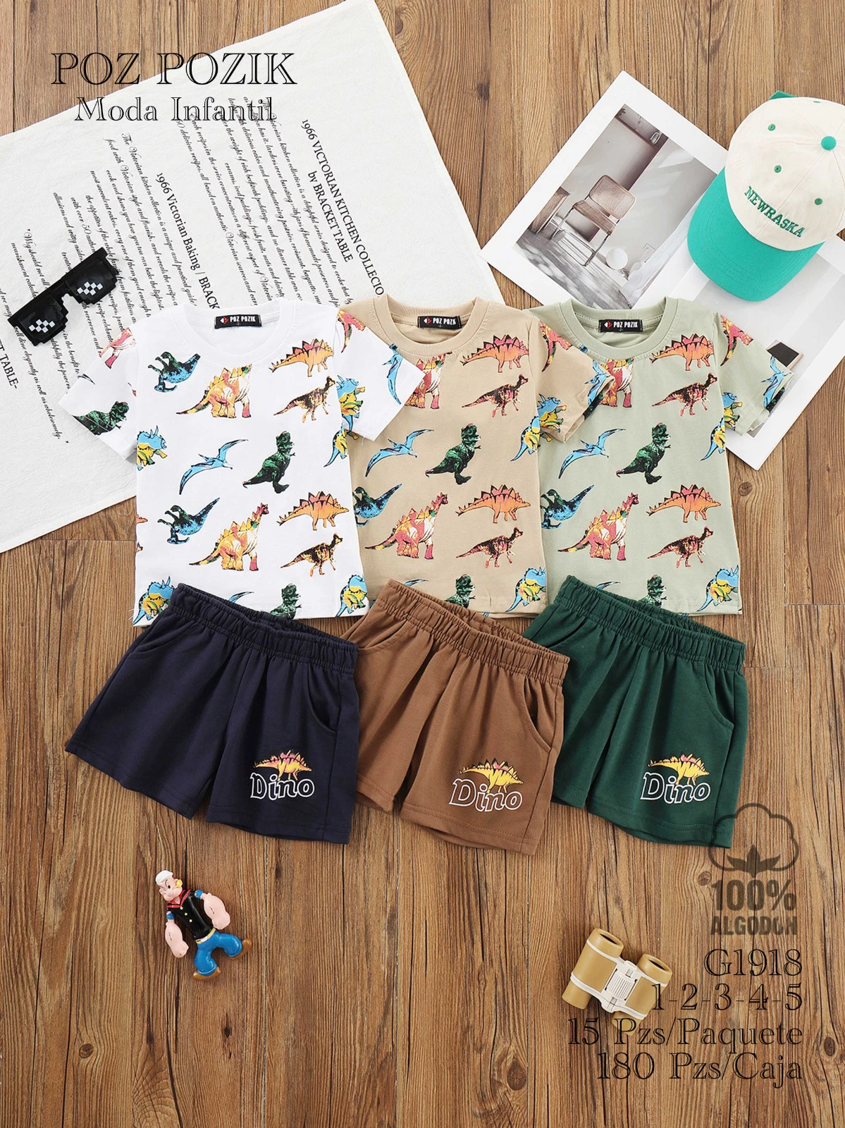 Conjunto de camiseta y shorts con estampado de dinosaurios-G1918