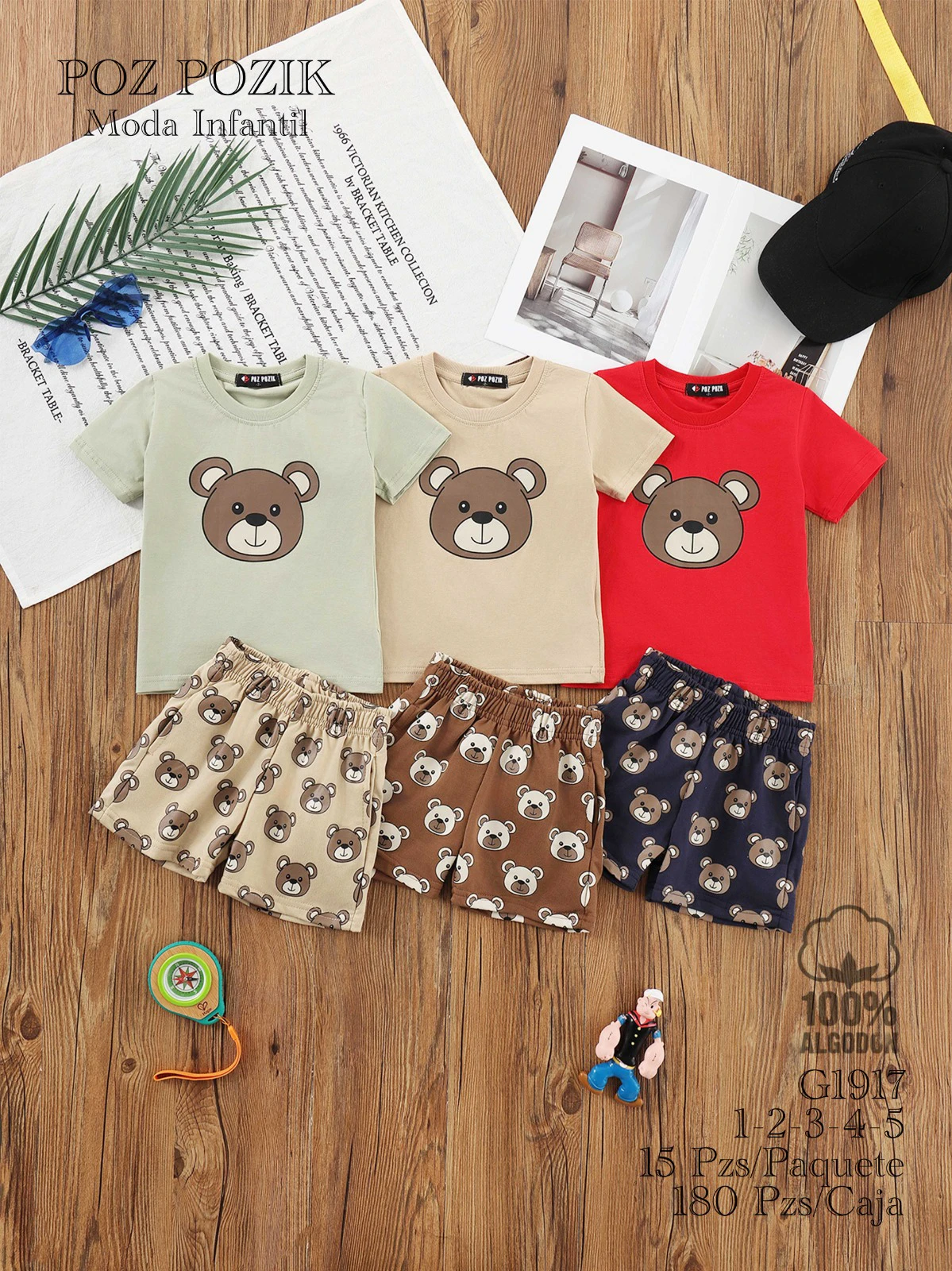 Conjunto de camiseta y shorts con estampado de oso-G1917
