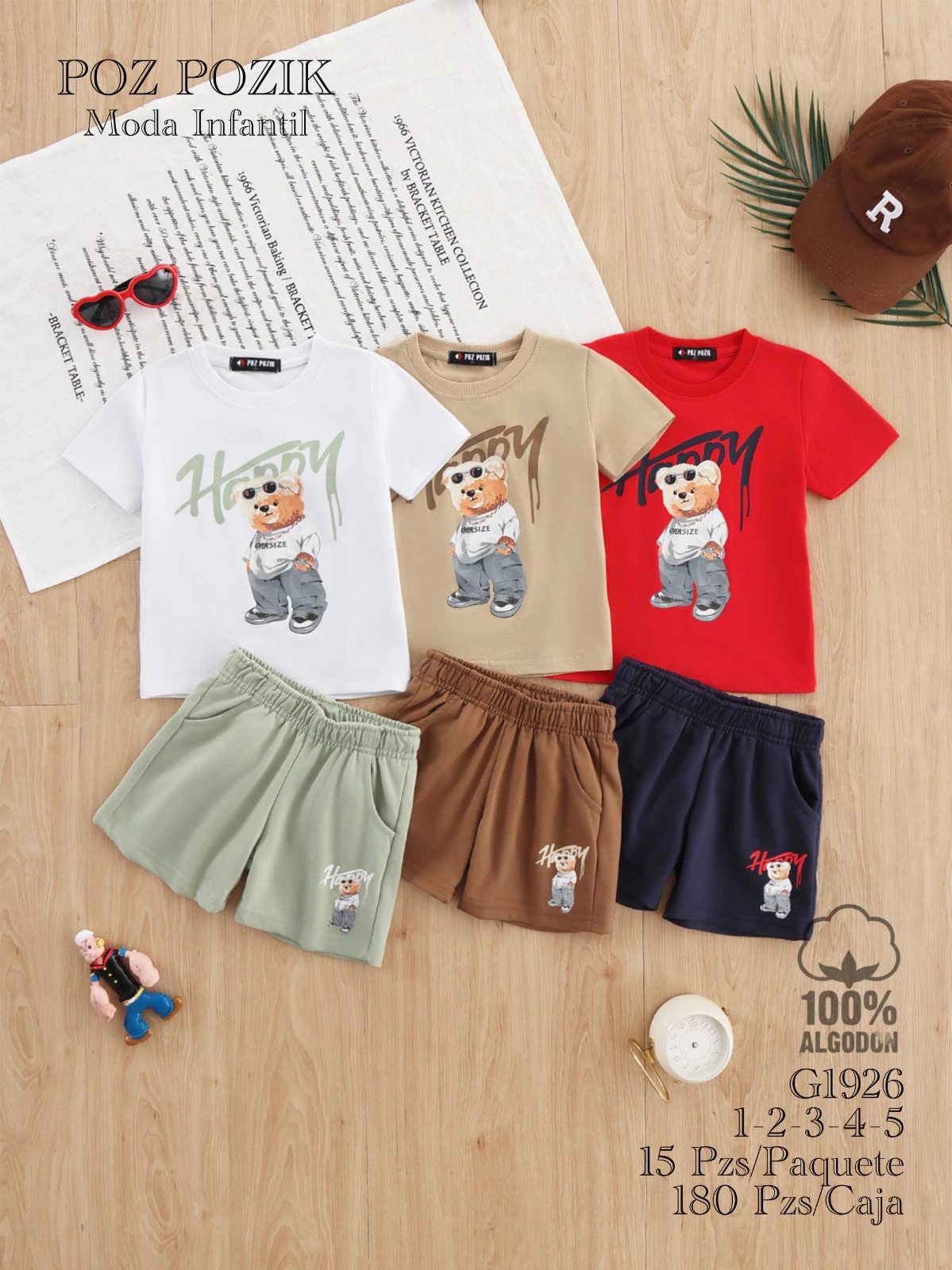 Conjunto Infantil de Playera y Short con Estampado de Oso ‘Happy’-G1926
