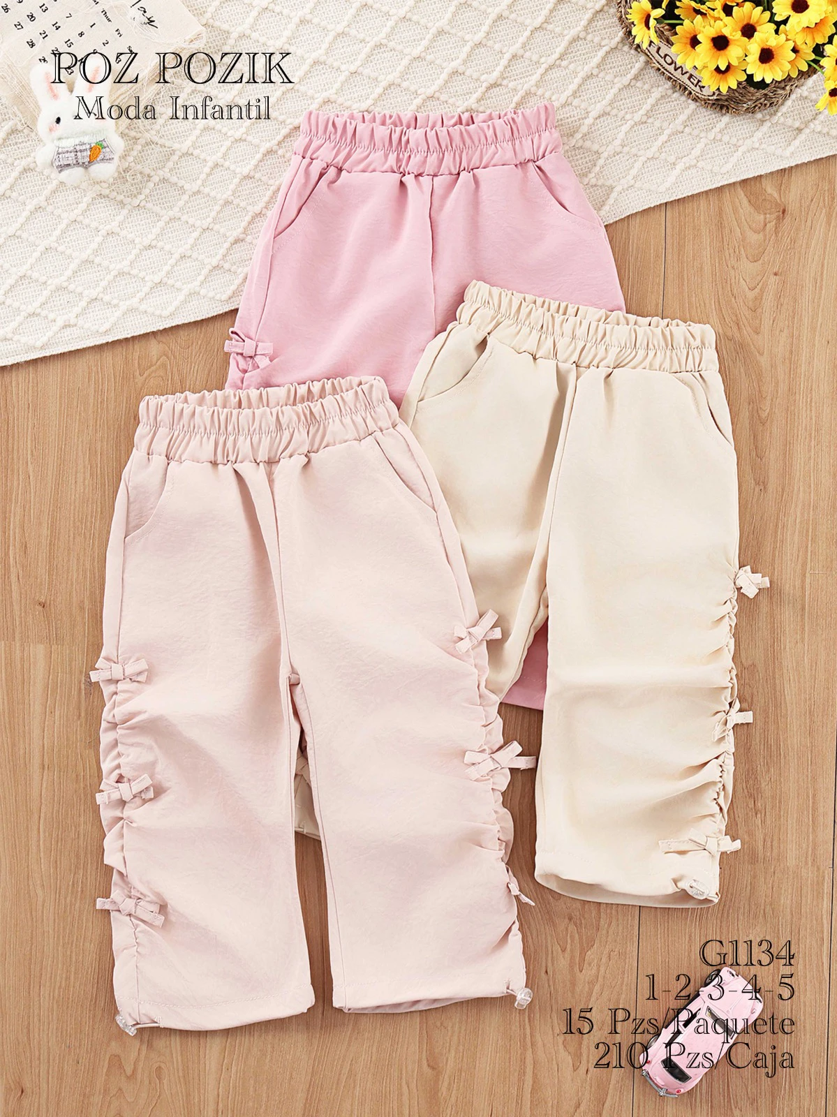 Pantalones con detalle de lazos laterales para niña-G1134