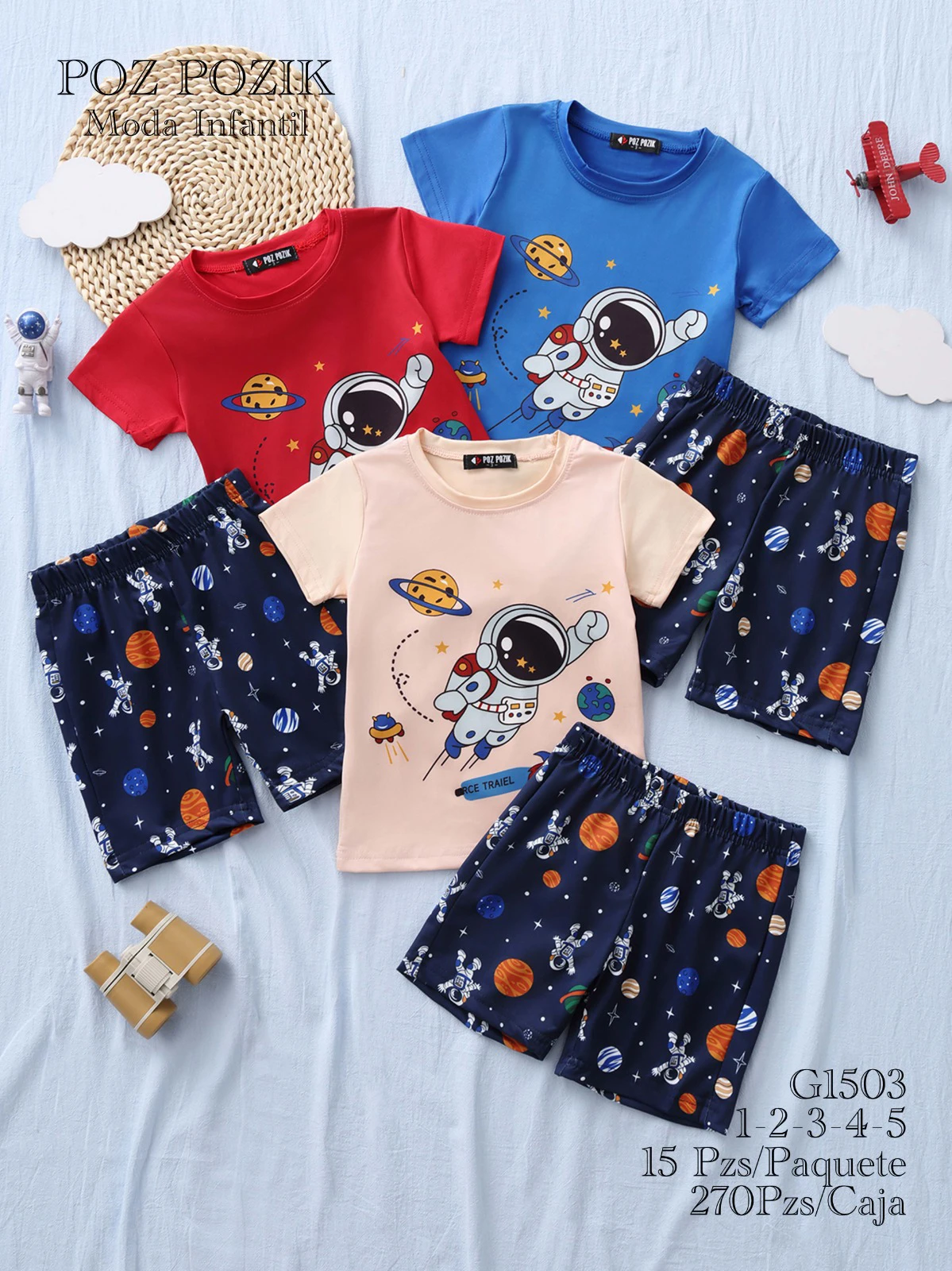 Conjunto de camiseta y shorts con temática de astronauta para niños-G1503