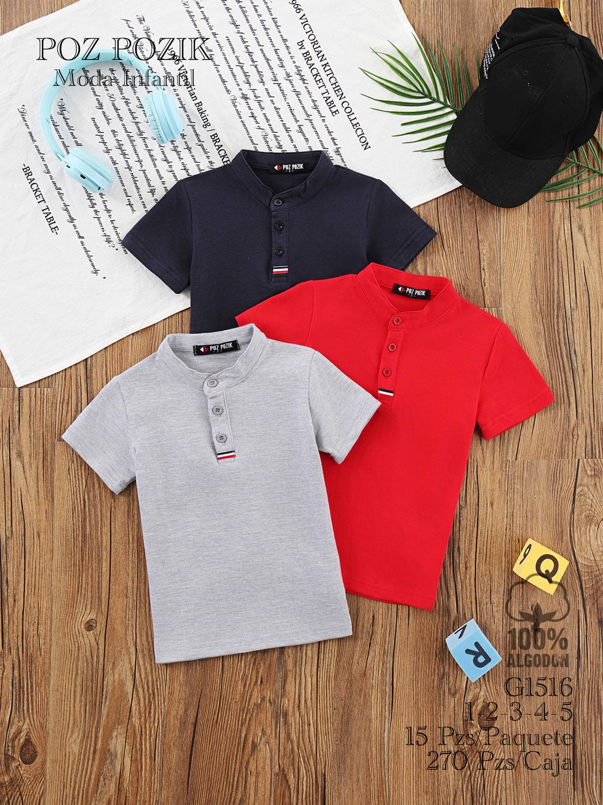 Playeras de manga corta estilo Henley para niño-G1516