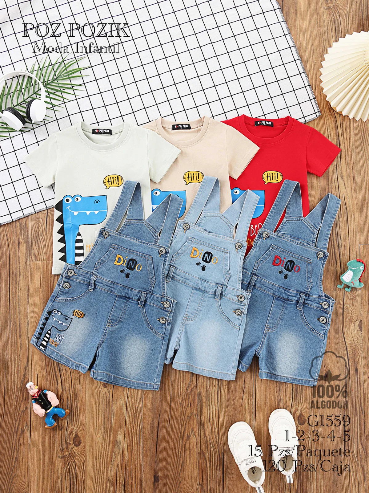 Conjunto de camiseta y overol corto para niño con estampado de dinosaurio-G1559