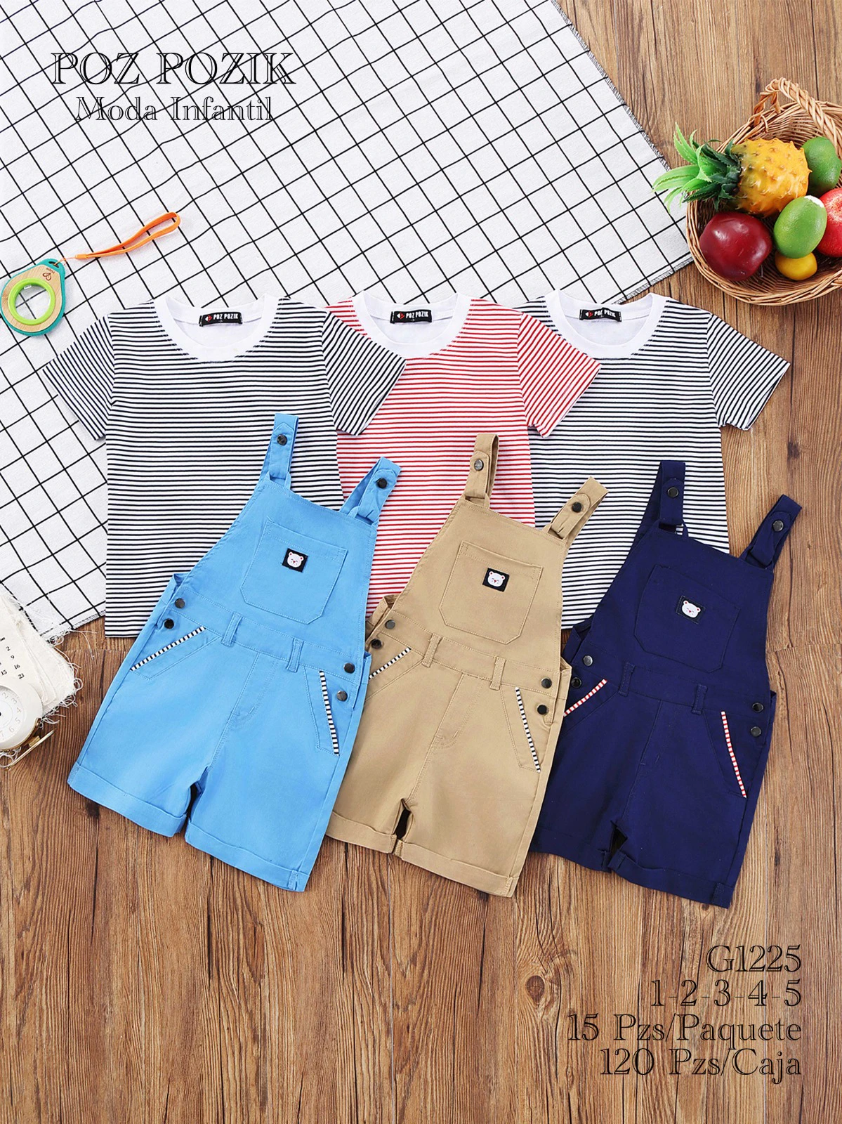 Conjunto infantil de overol corto y camiseta de rayas-G1225