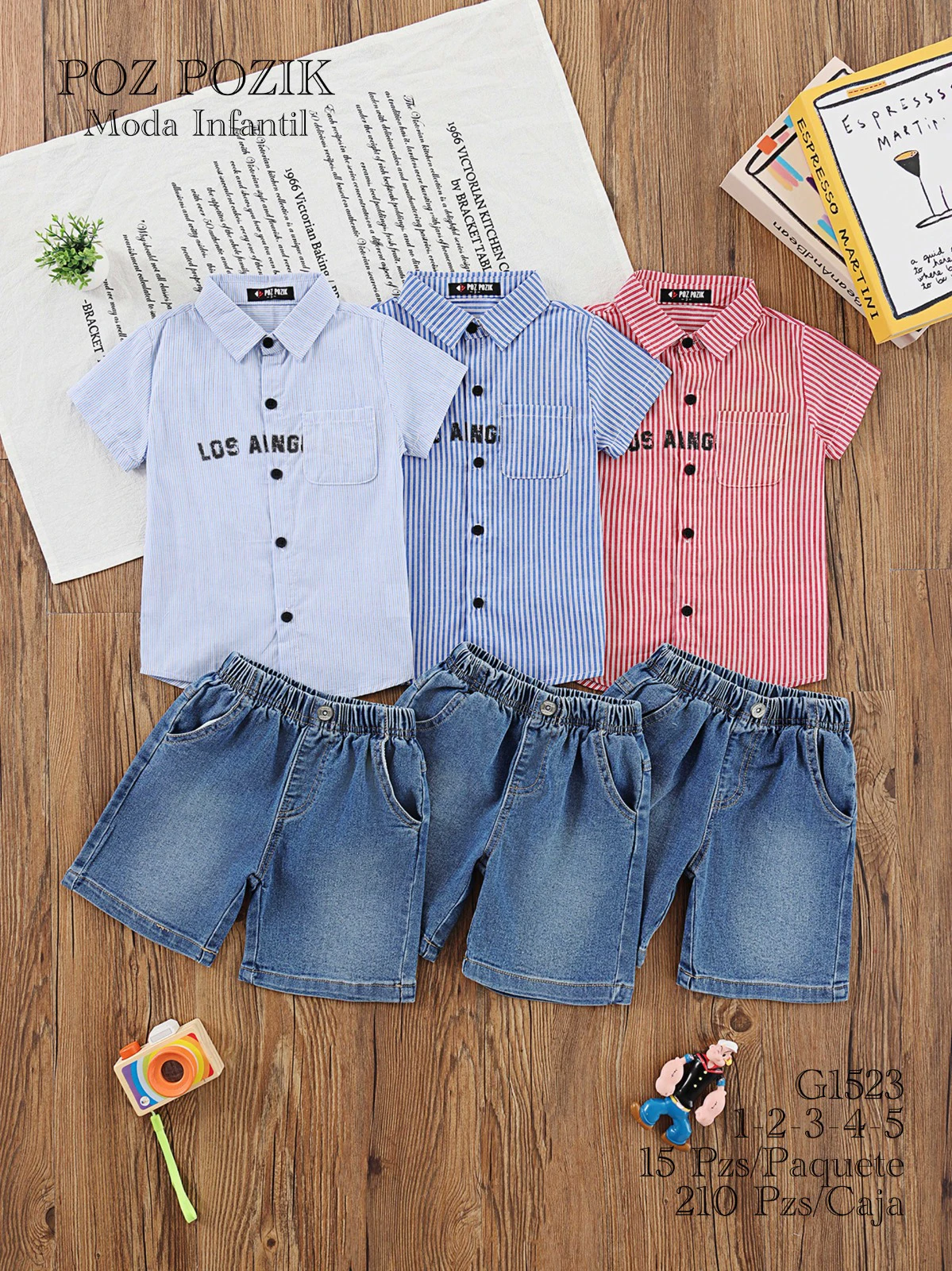 Conjunto de Camisa a Rayas y Shorts de Mezclilla-G1523