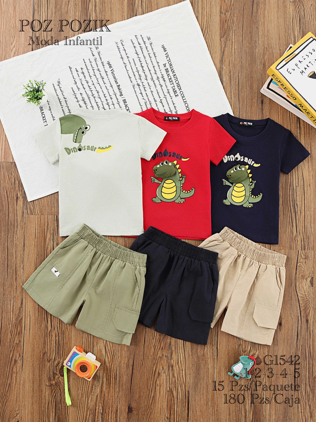Conjunto de camiseta y shorts con estampado de dinosaurio para niño-G1542