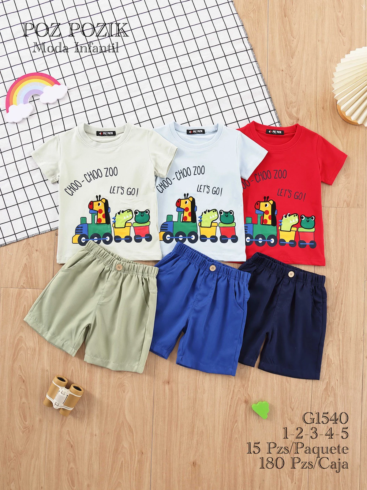Conjunto infantil de camiseta y short con estampado de tren de animales-G1540