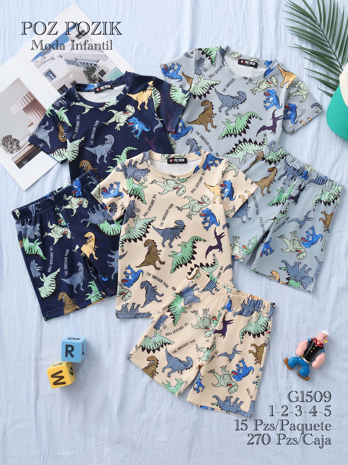 Conjunto de camiseta y shorts con estampado de dinosaurios-G1509