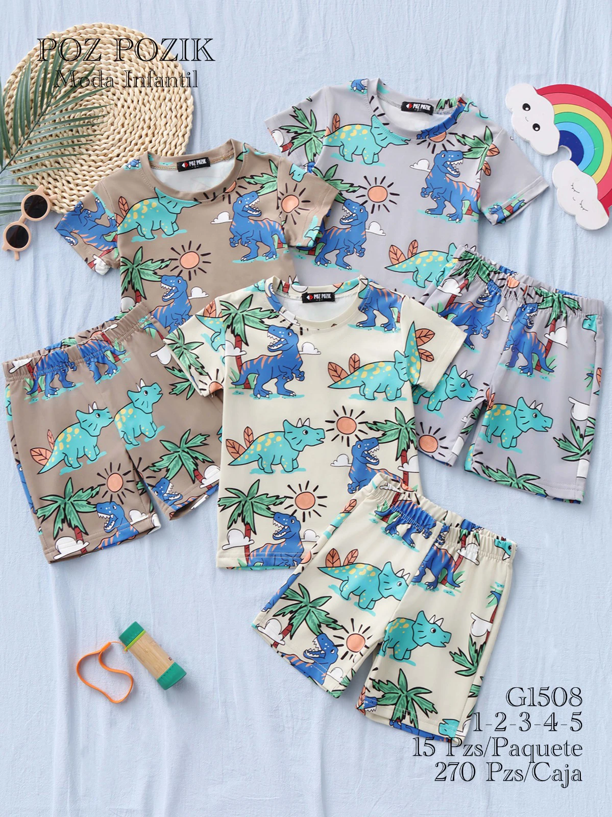 Conjunto de playera y shorts con estampado de dinosaurios para niños-G1508