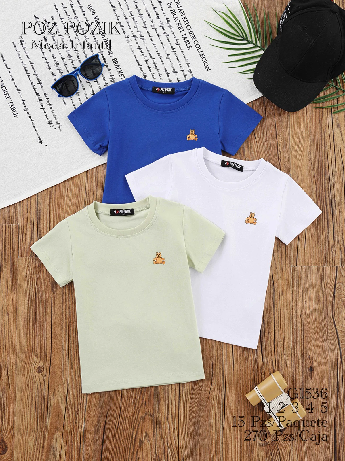 Playeras de cuello redondo con bordado de oso-G1536
