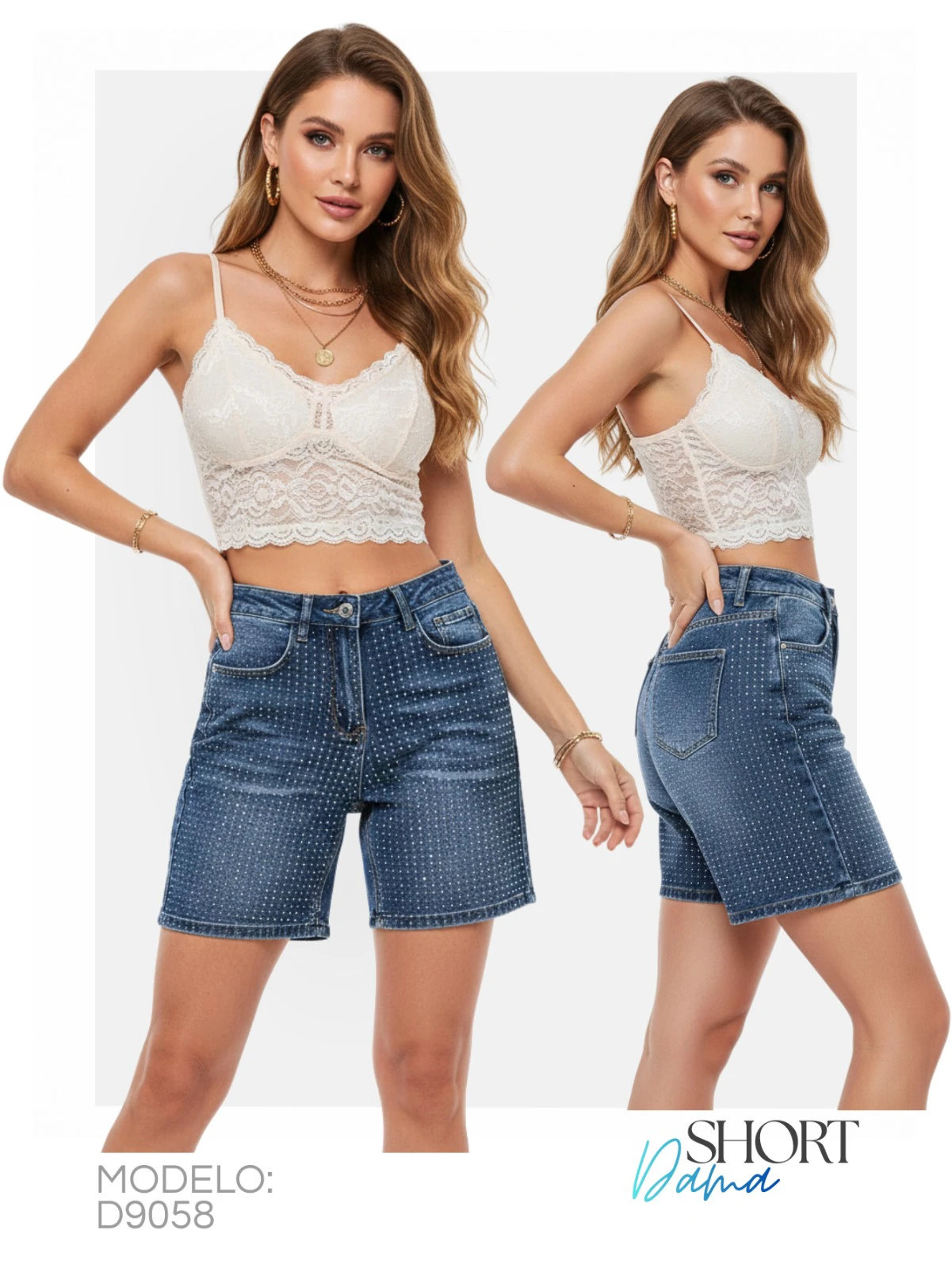 Short de mezclilla con pedrería para dama-D9058