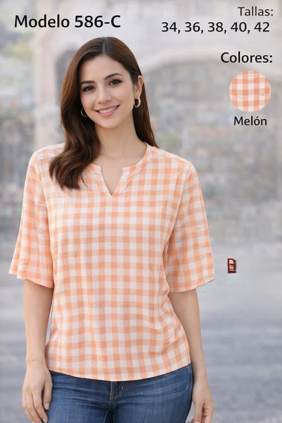 Blusa a cuadros de manga corta-586-C