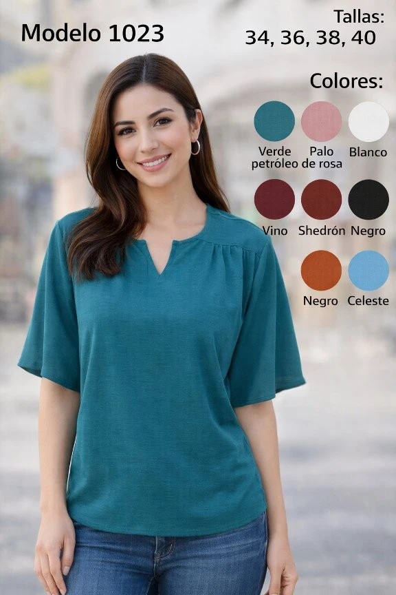 Blusa de mujer con cuello en V y manga corta-1023