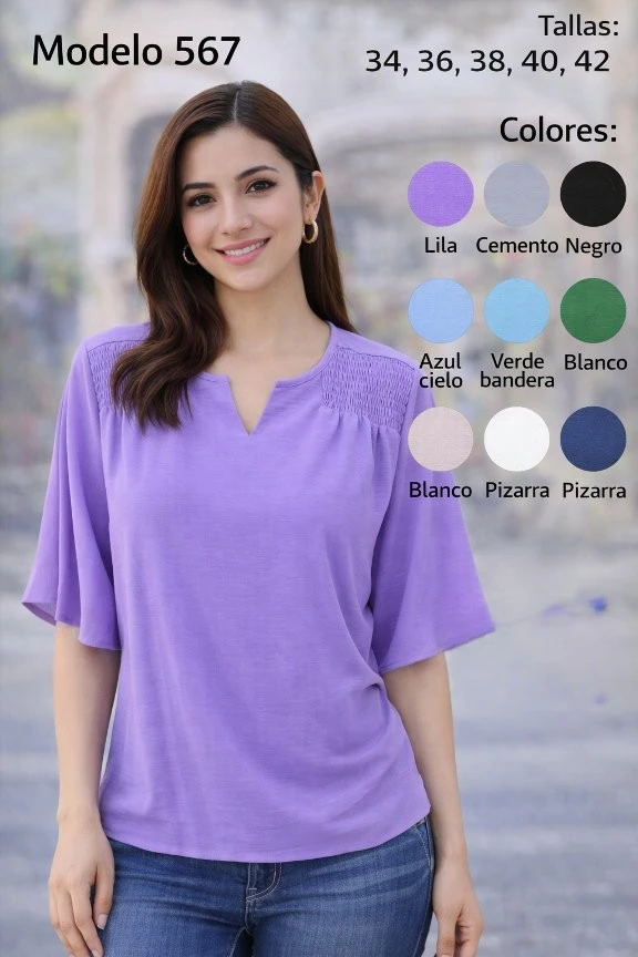 Blusa de manga corta con escote en V y detalles fruncidos en los hombros-567