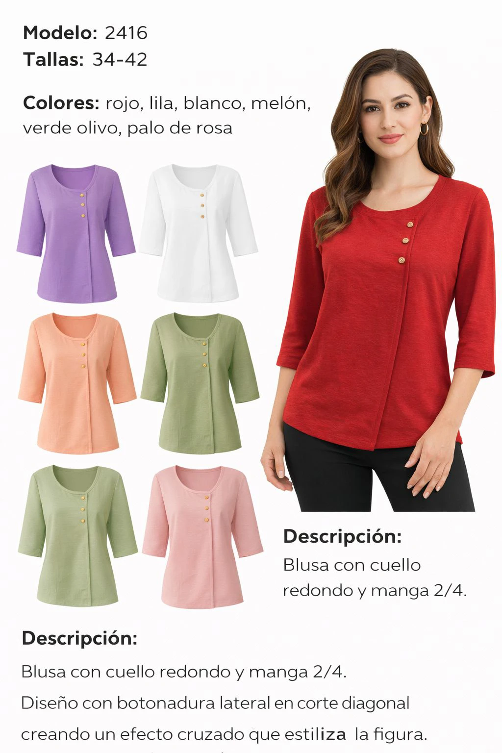 Blusa de mujer de manga corta con botones-2416