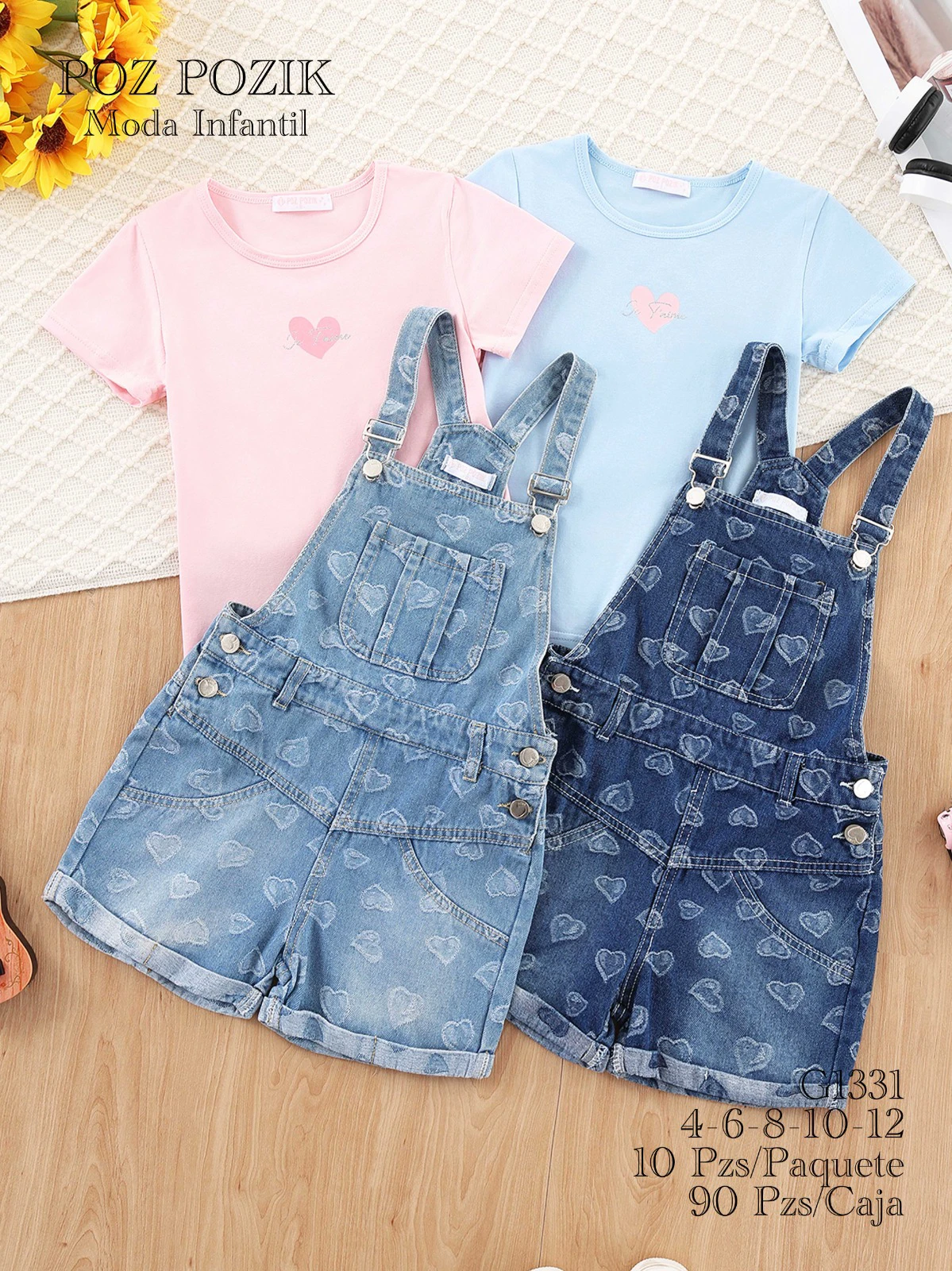 Conjunto de overol corto y playera con estampado de corazón-G1331