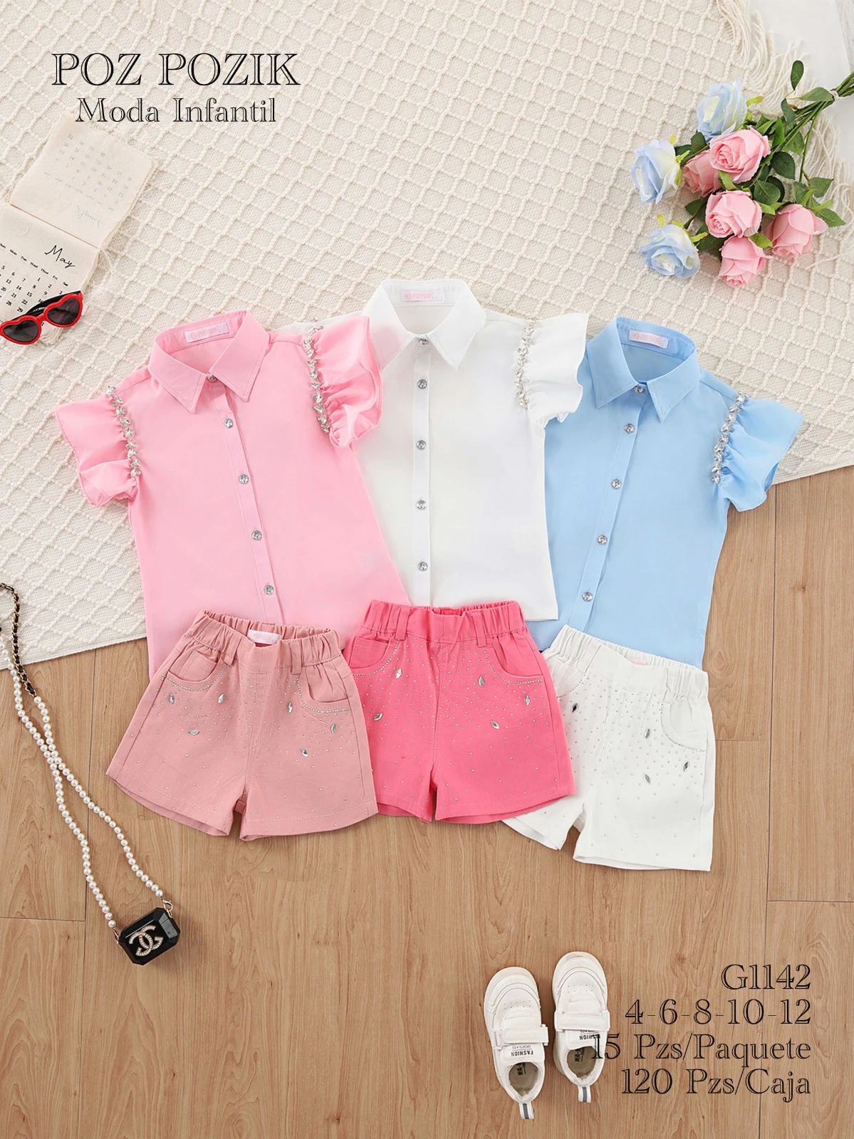 Conjunto de Blusas de Manga Corta y Shorts Decorados para Niña-G1142