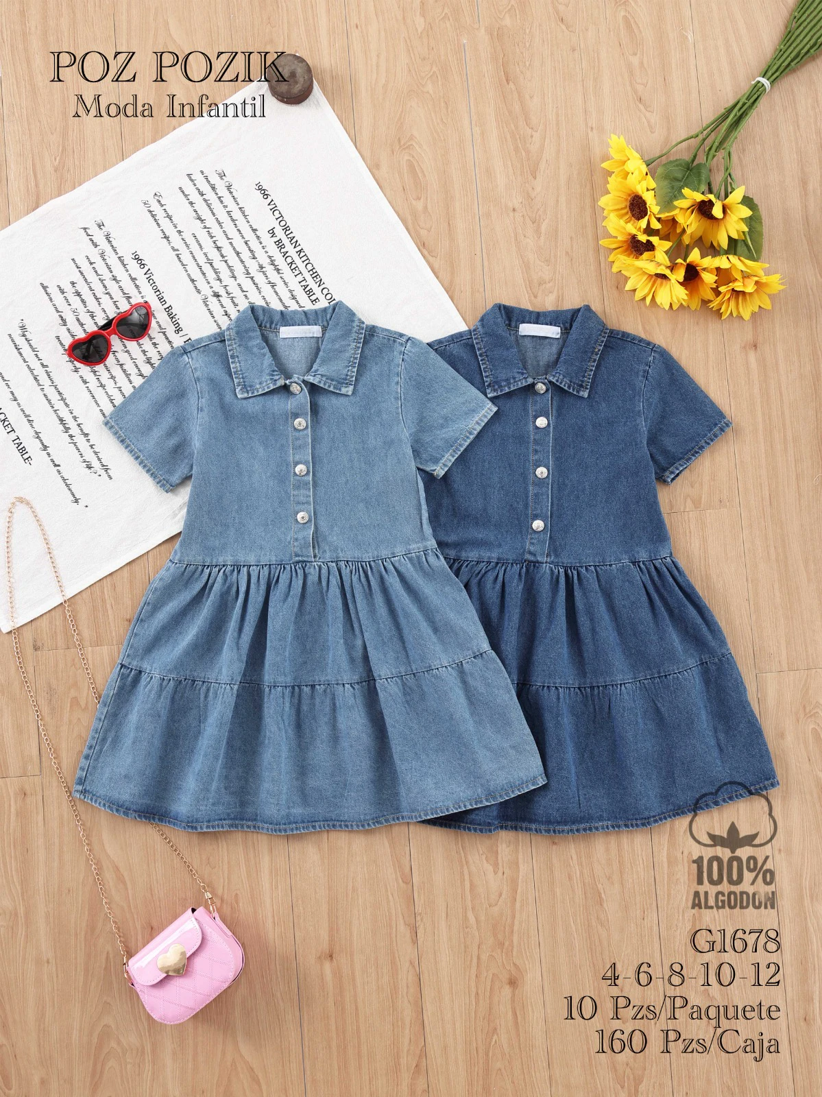 Vestidos de mezclilla con diseño escalonado para niña-G1678