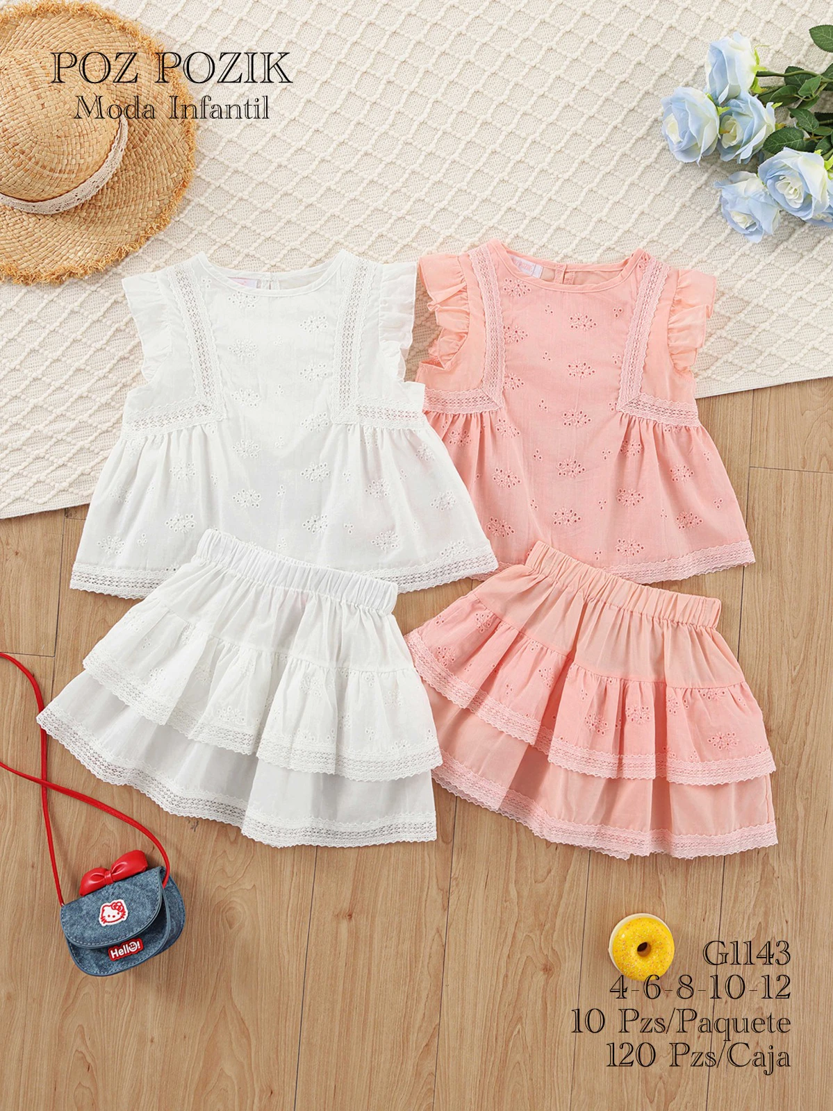 Conjunto de blusa sin mangas y falda con volantes para niña-G1143