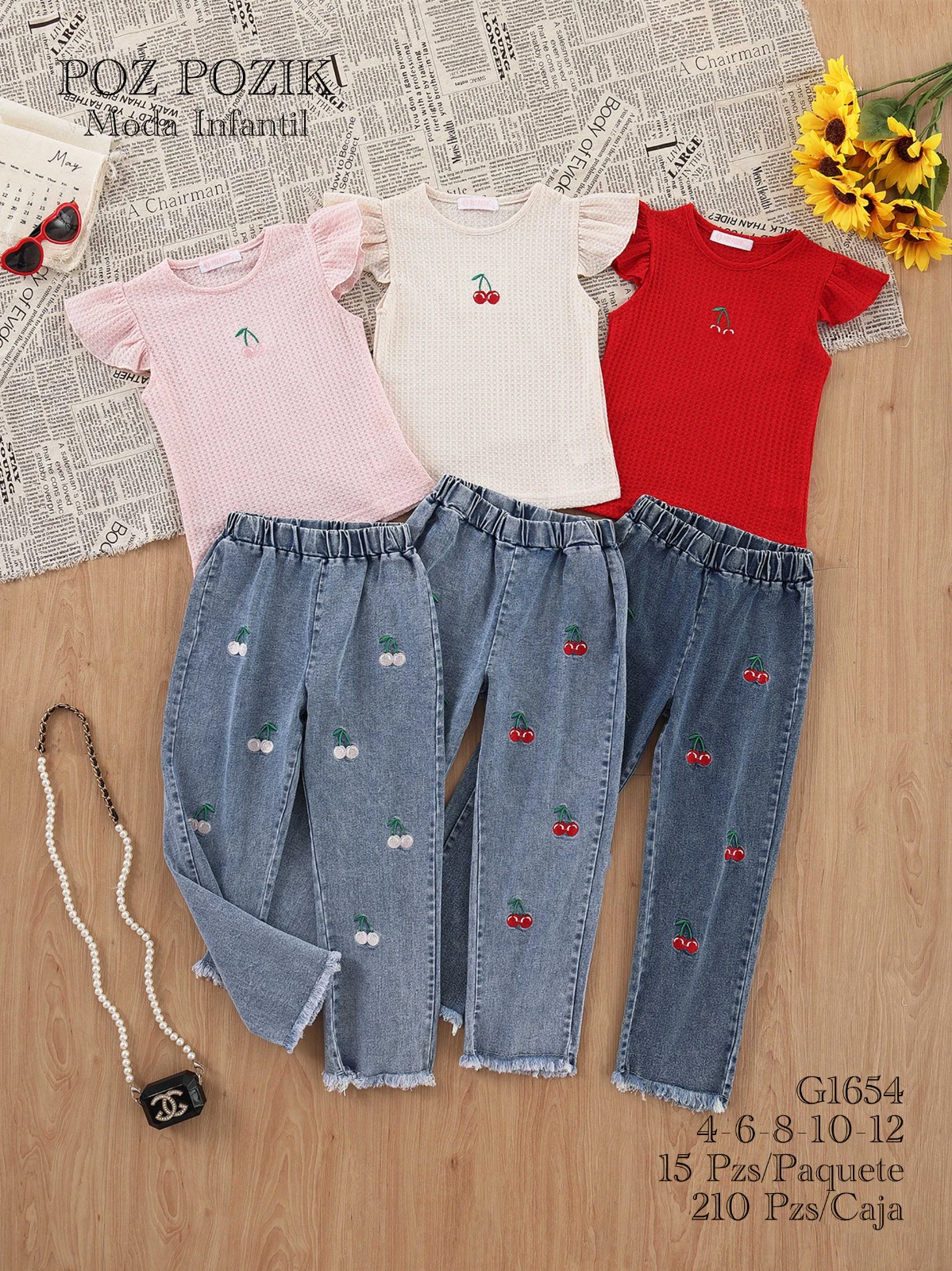 Conjunto de tops sin mangas y jeans estampados de cerezas para niños-G1654