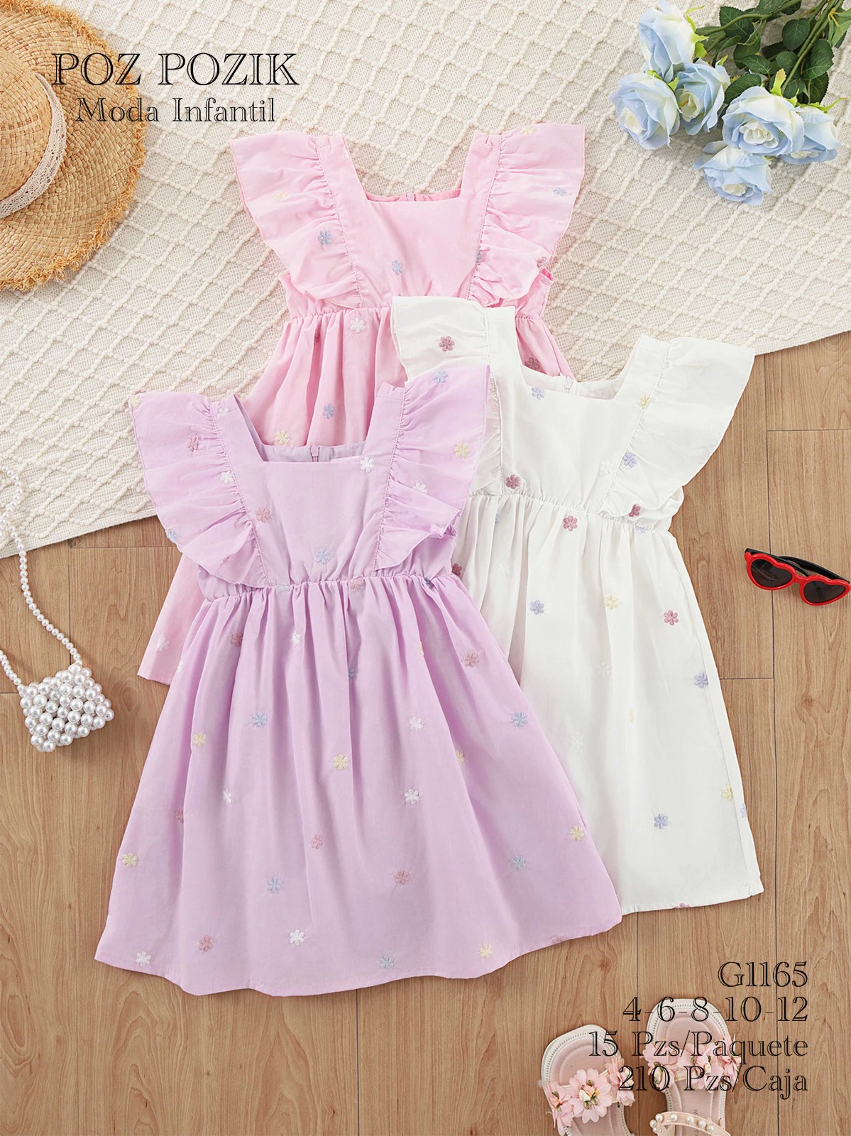 Vestidos infantiles con volantes y bordado floral-G1165