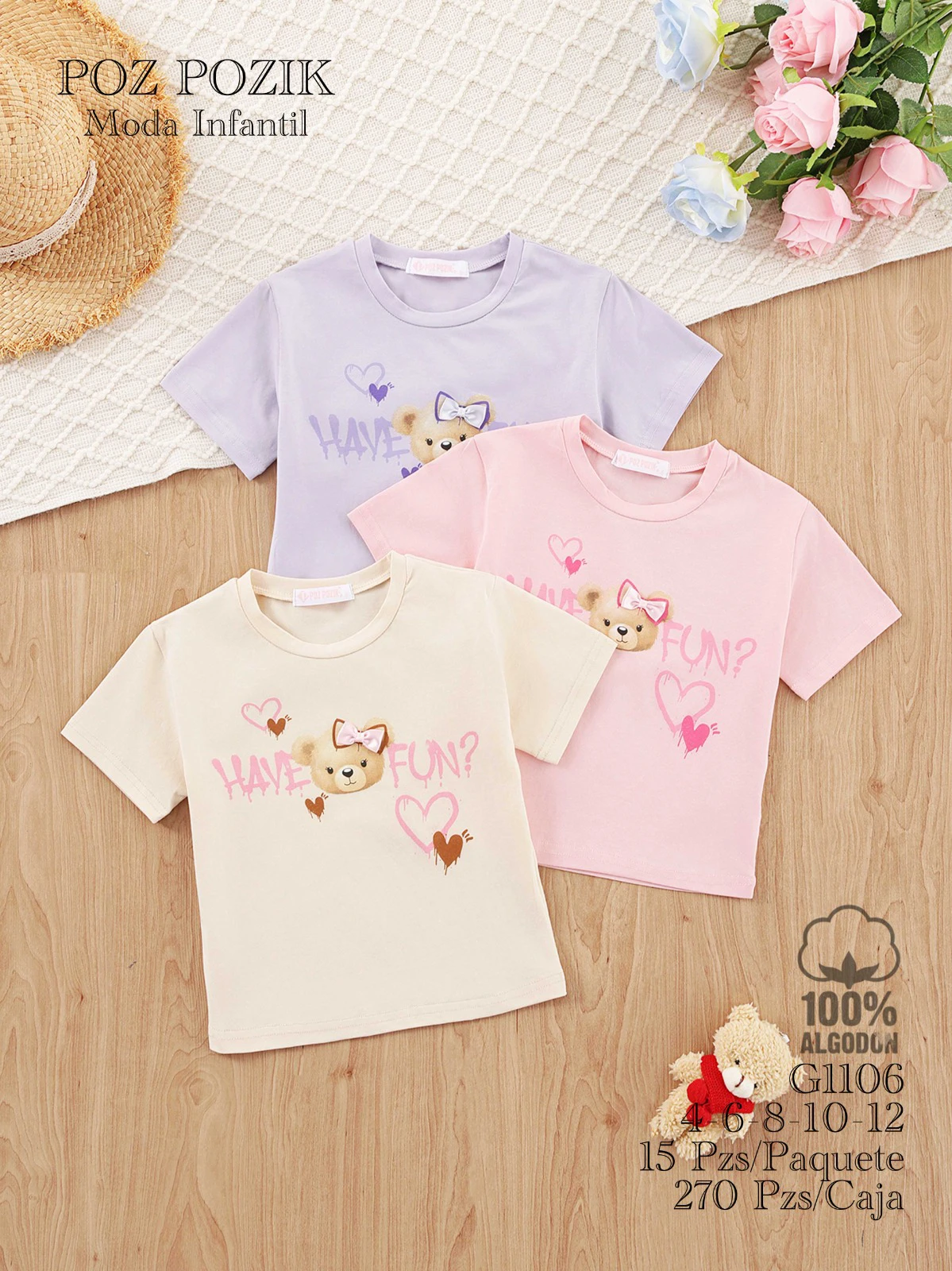 Playera de manga corta con estampado de oso-G1106