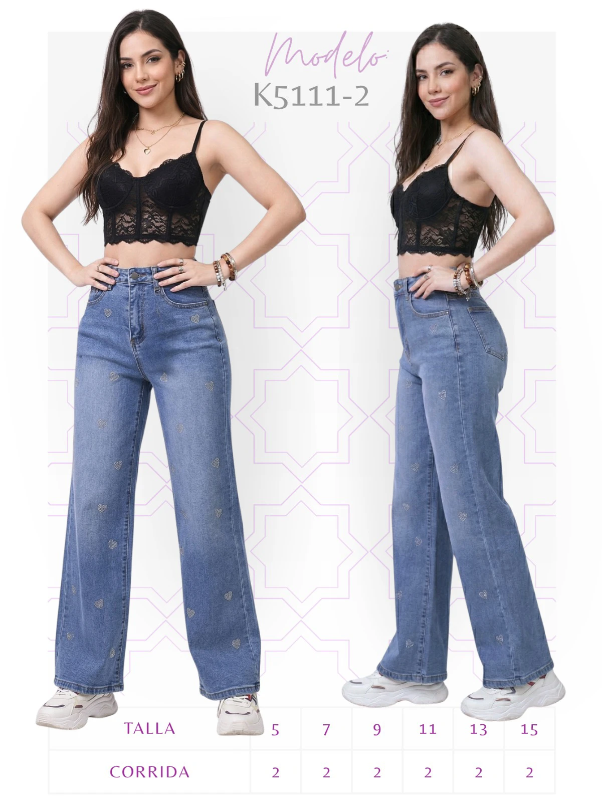 Jeans corte recto para mujer con diseño de corazones-K5111-2